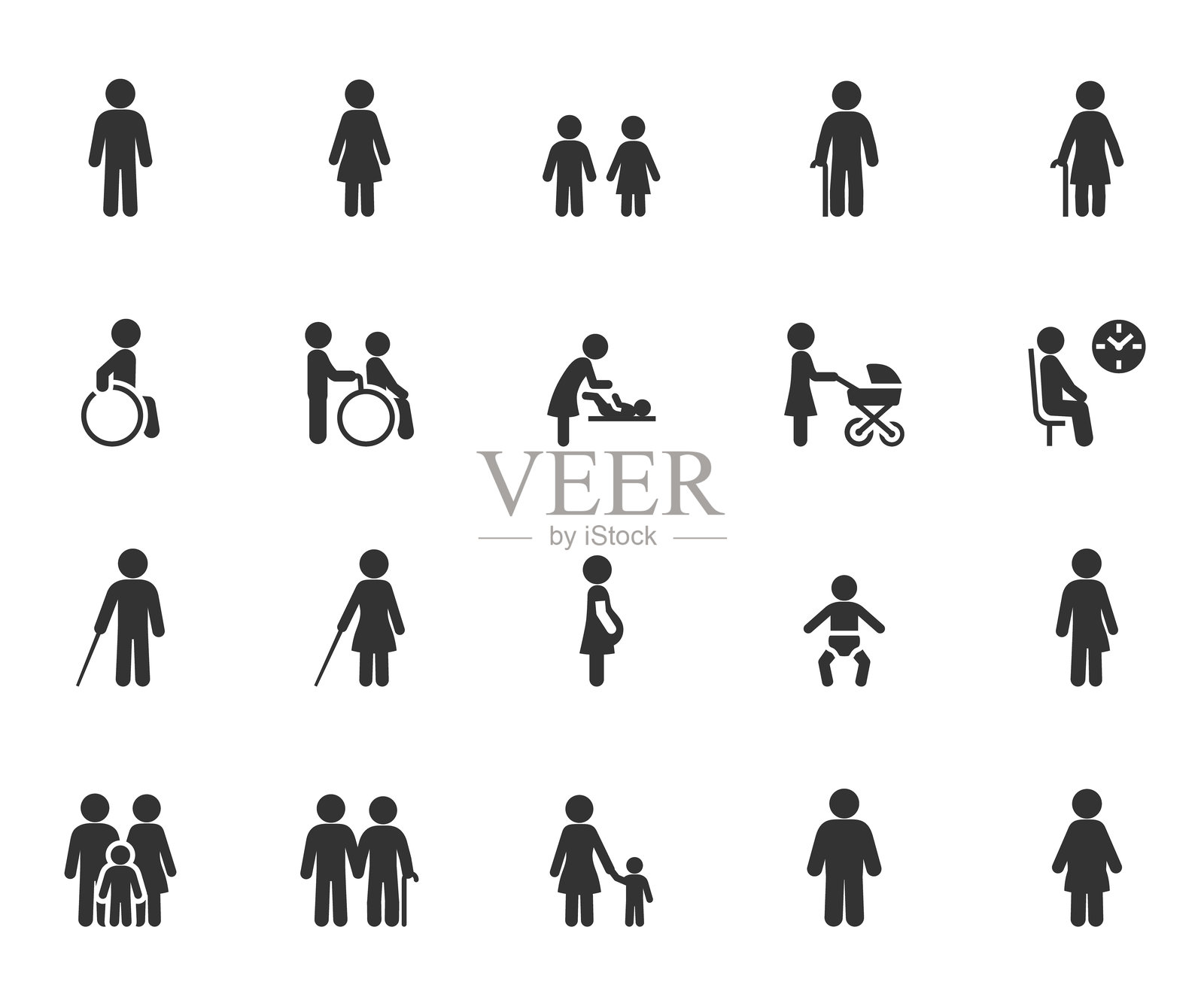 矢量人物扁平图标集。包含男性、女性、男孩、女孩、婴儿、老年人、残疾人、盲人、孕妇等图标。导航、医疗、性别标志。插画图片素材
