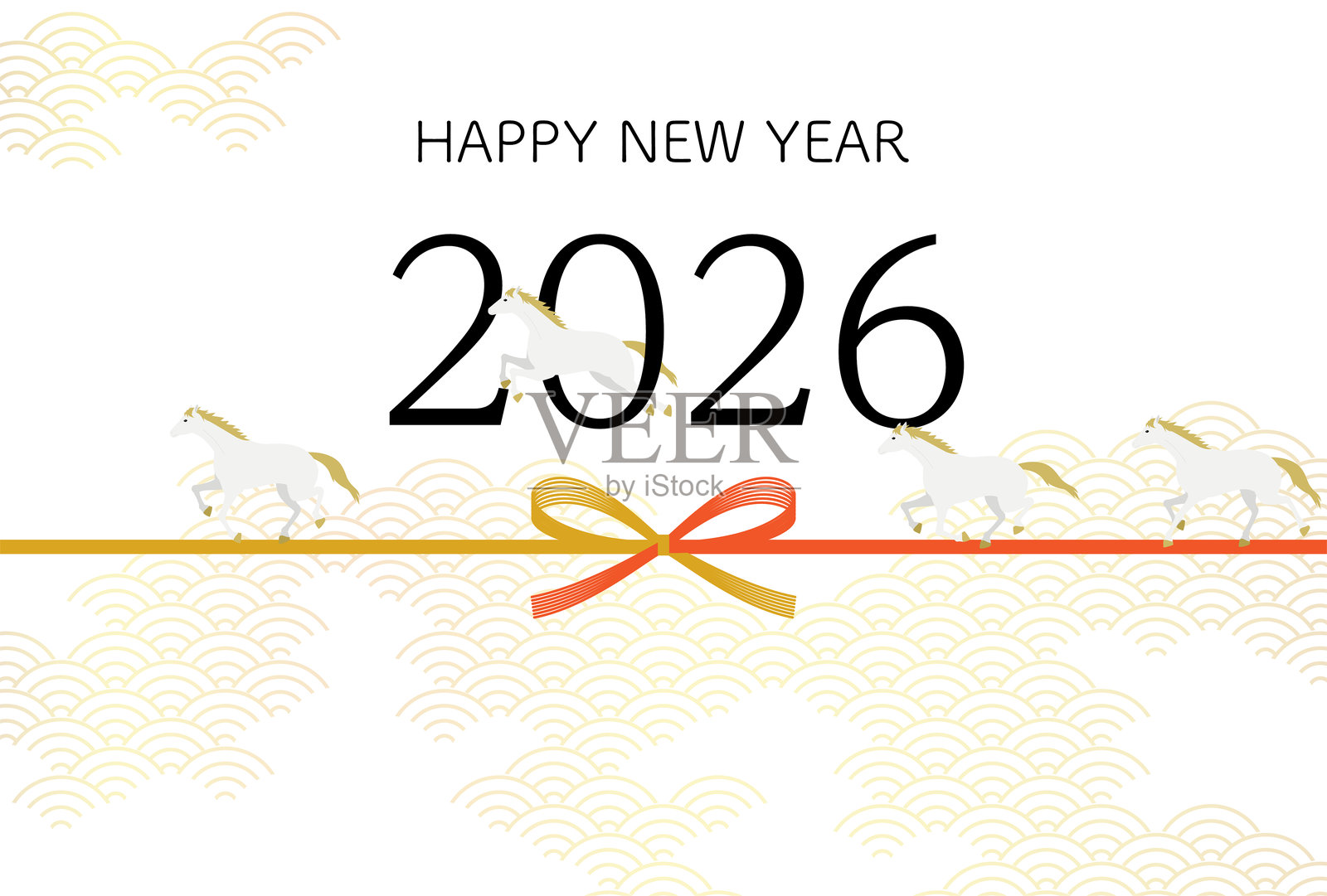 2026年新年贺卡，白马奔跑与水引，新年明信片素材插画图片素材