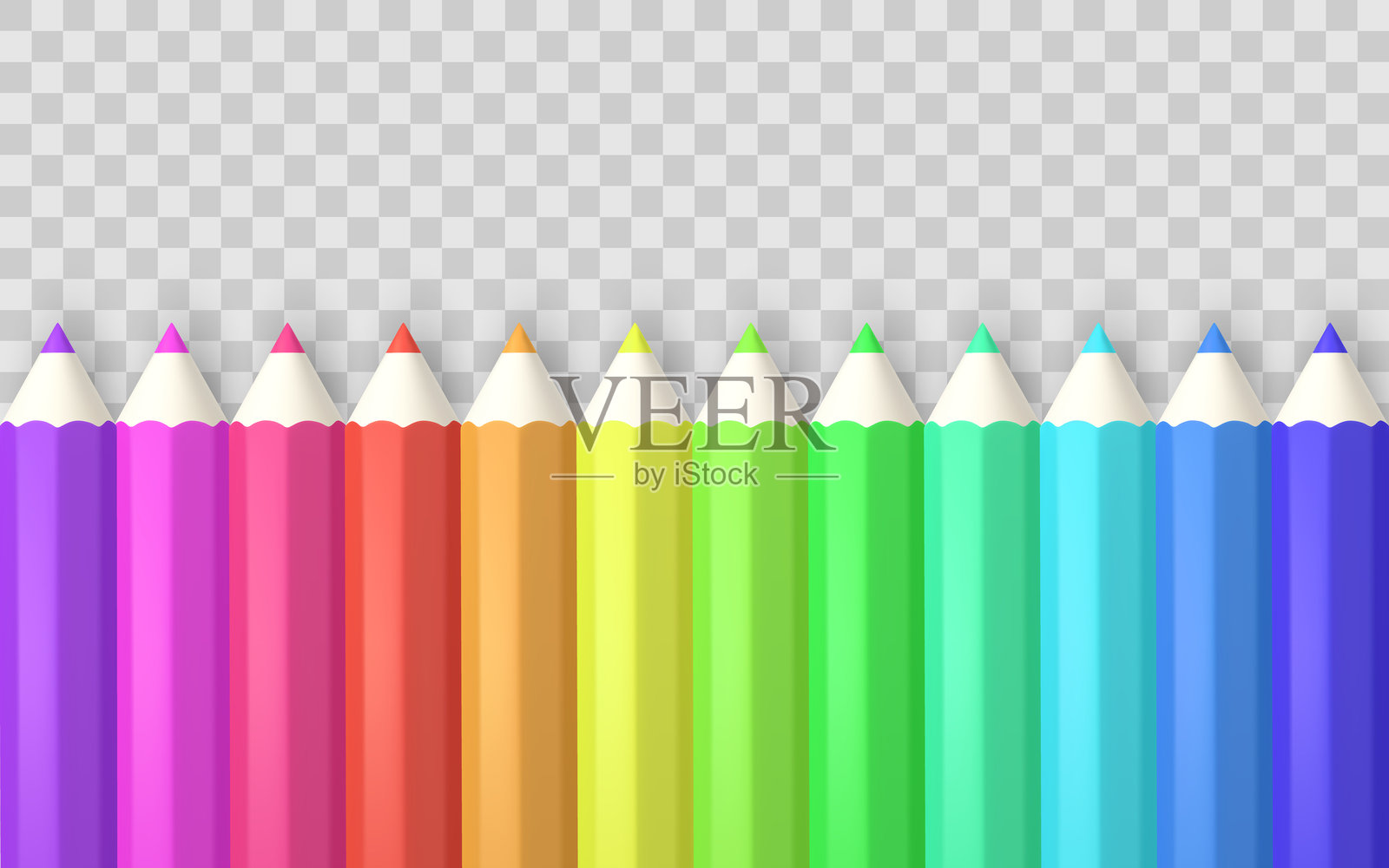 彩色铅笔尖按彩虹顺序排列在透明背景上，完美适用于学校、教育、艺术和设计主题。明亮干净的布局。矢量插图插画图片素材