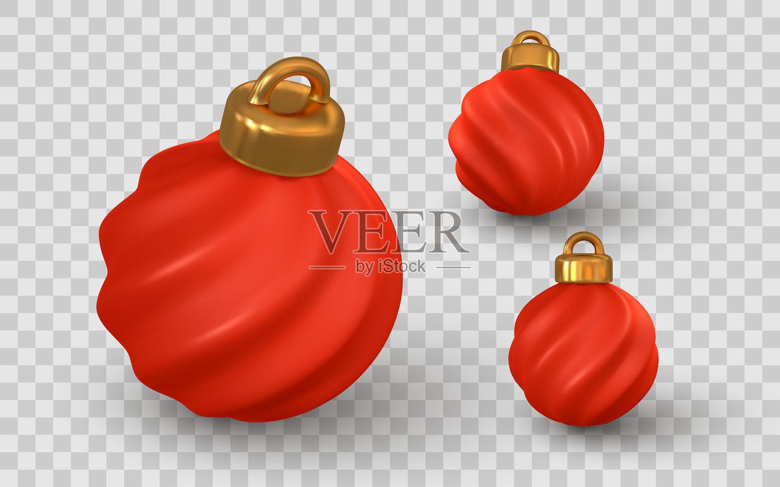逼真的红色圣诞球饰品，带金色帽子，节日装饰，透明背景，3D渲染，独立剪贴画。矢量插图。插画图片素材