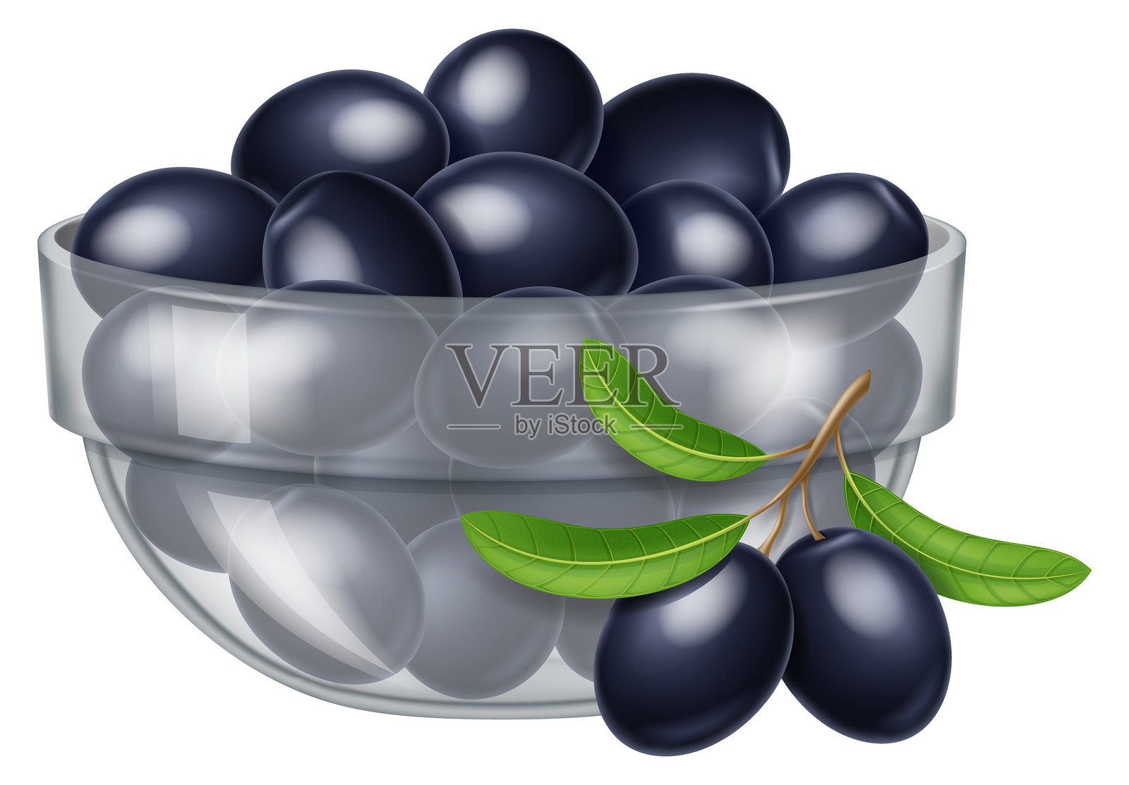 装有黑橄榄的玻璃碗。插画图片素材