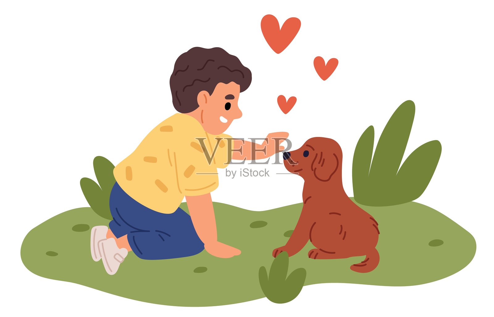 微笑的男孩在大自然中和心爱的狗狗玩耍。快乐的孩子照顾狗狗。小宠物主人。与家养动物的友谊。狗狗领养。孩子与顽皮的犬类哺乳动物。矢量概念。插画图片素材