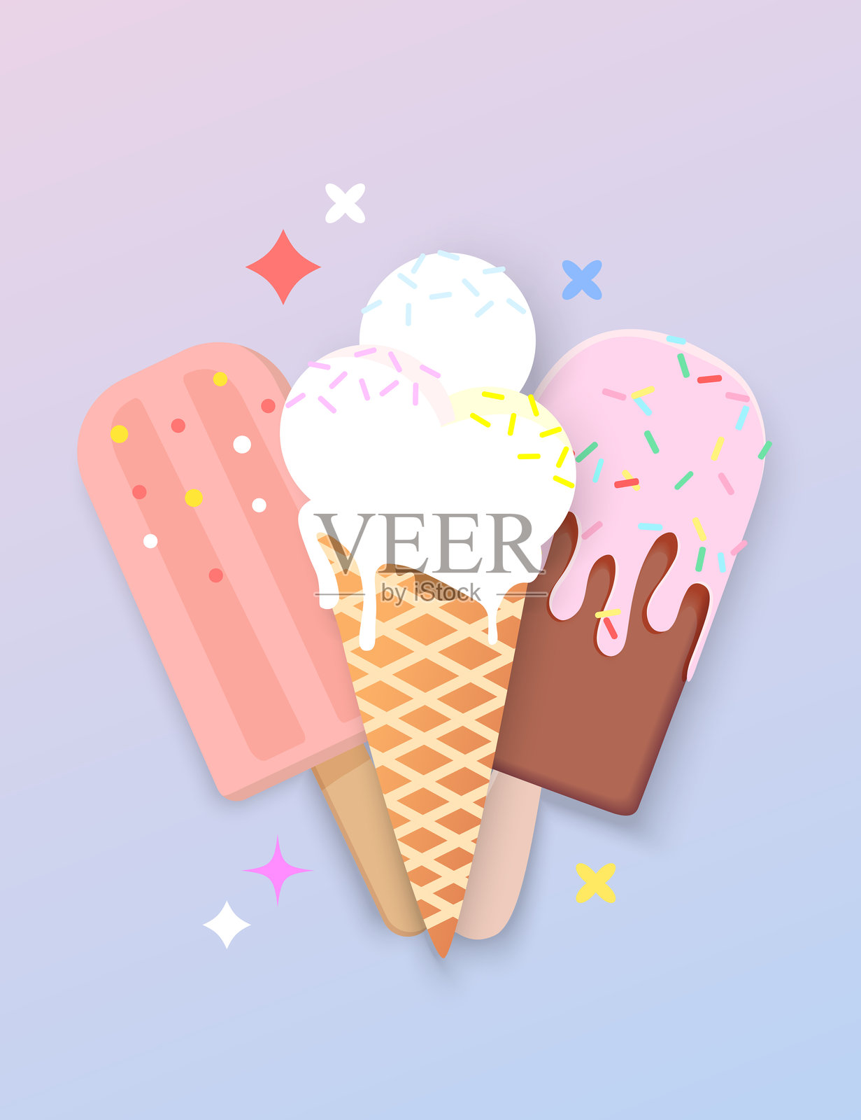 明亮的冰淇淋在渐变背景上插画图片素材