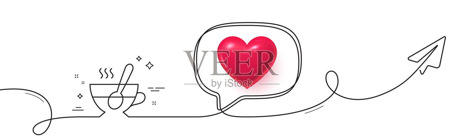 带勺子的杯子线条图标。新鲜饮料标志。平面连续线。矢量图。插画图片素材