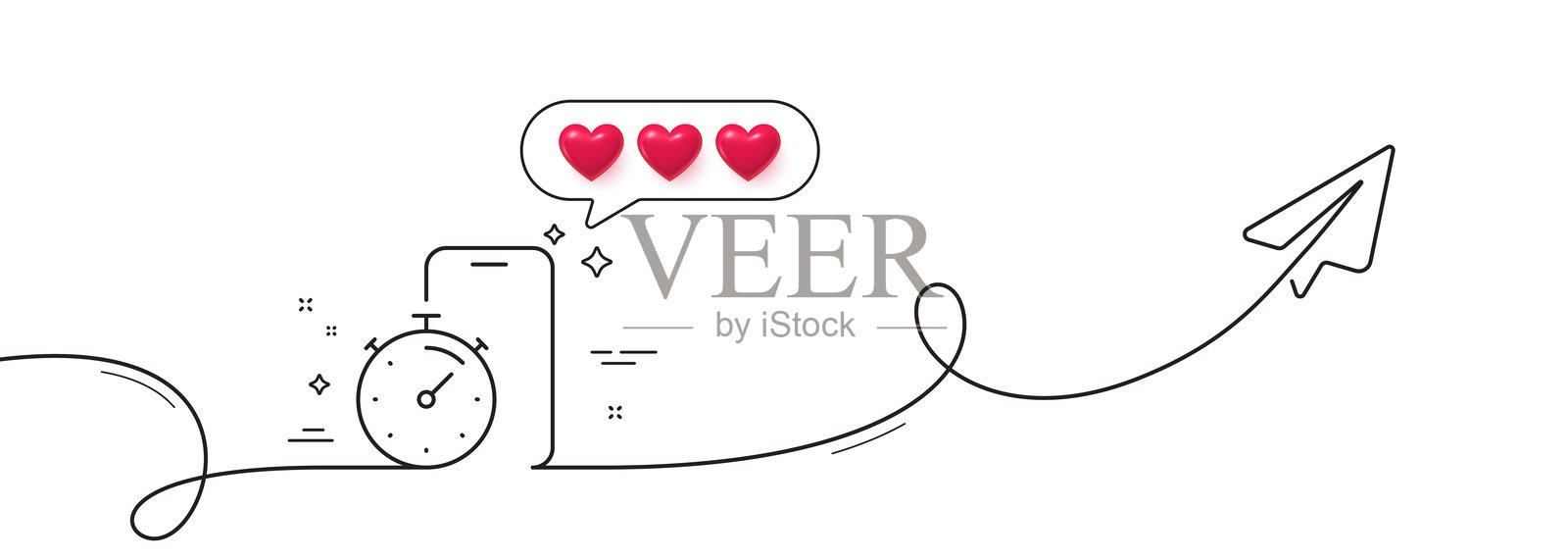 计时器应用程序线条图标。秒表时间标志。带平面的连续线。矢量图。插画图片素材