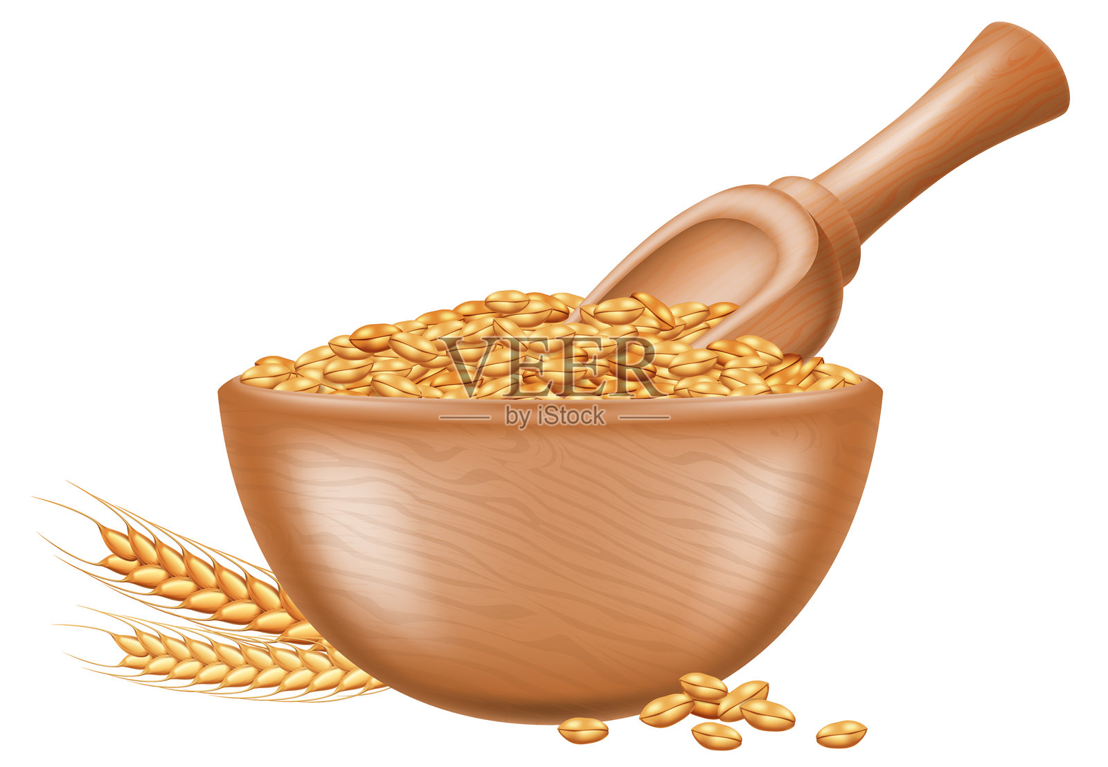 木碗里装着小麦粒和木勺。插画图片素材