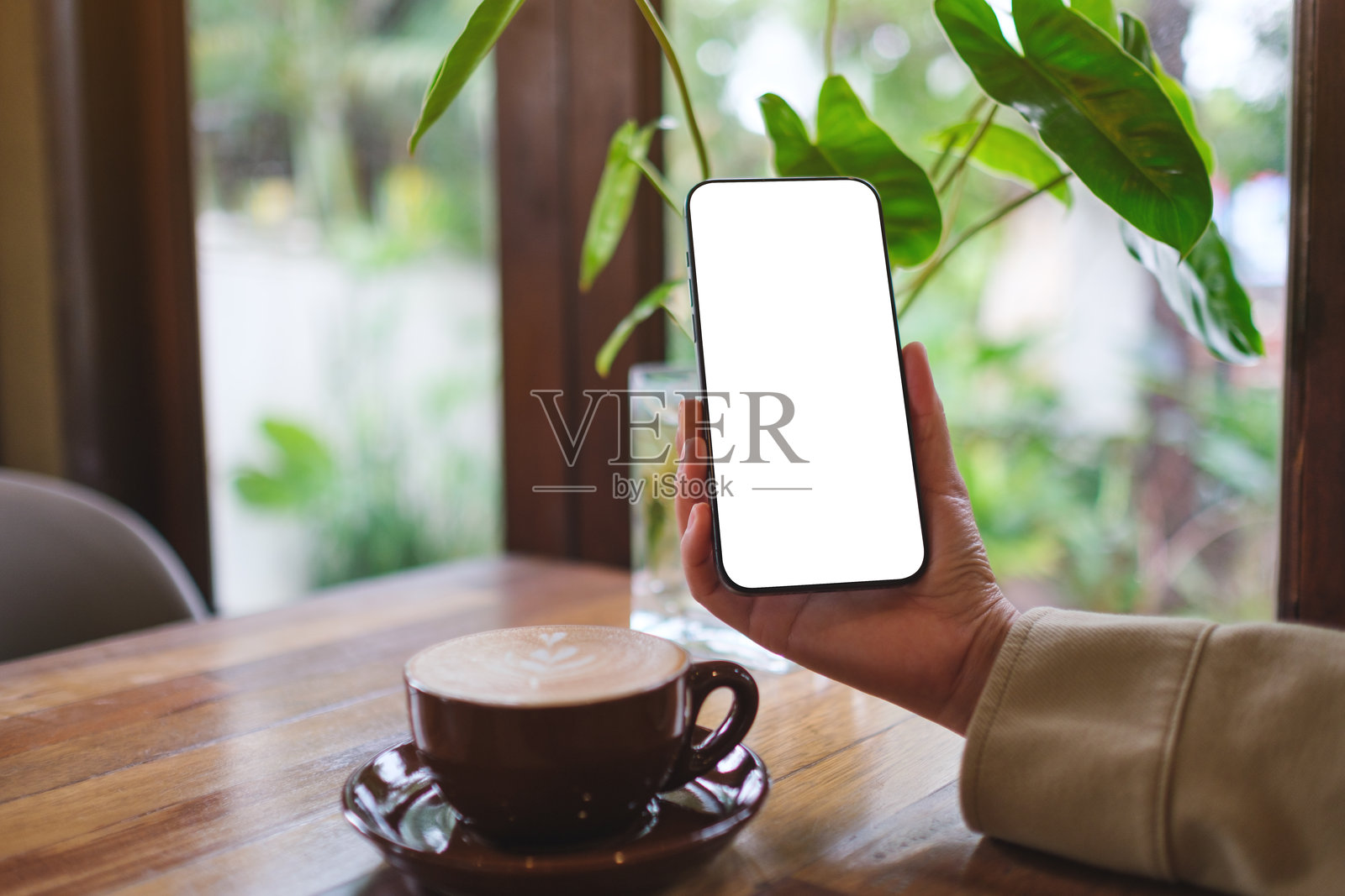 一位女性手持空白屏幕的手机的模型图像照片摄影图片