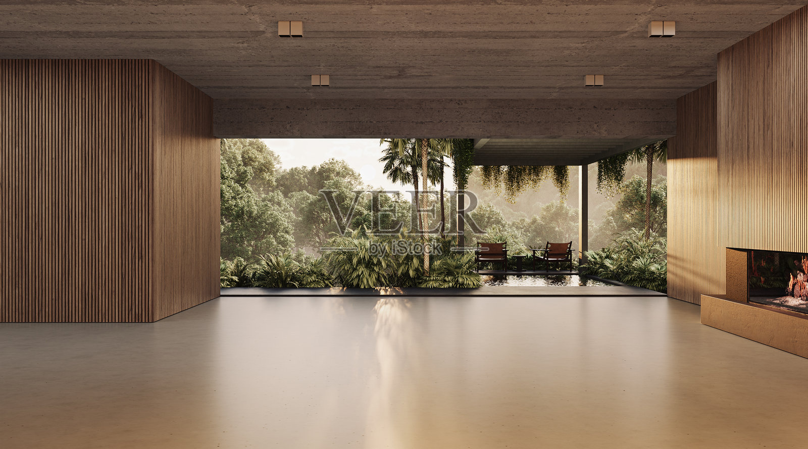 一个宁静的开放式居住空间，配有极简家具、自然材料和全景森林景观，室内外设计完美融合，3D渲染图照片摄影图片