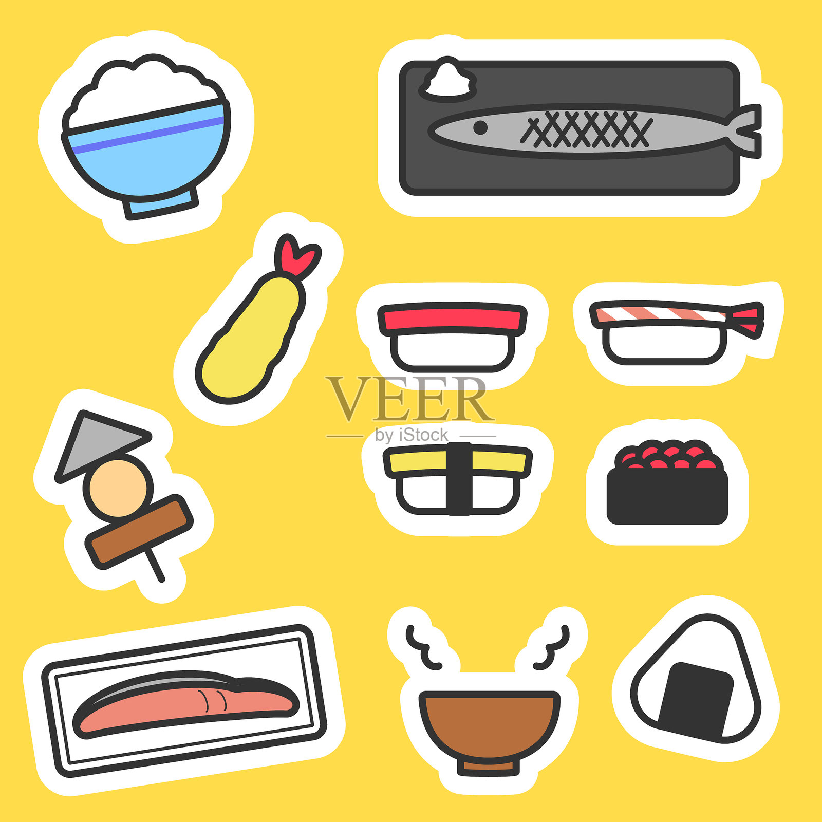 日本食品流行贴纸风格图标集插画图片素材
