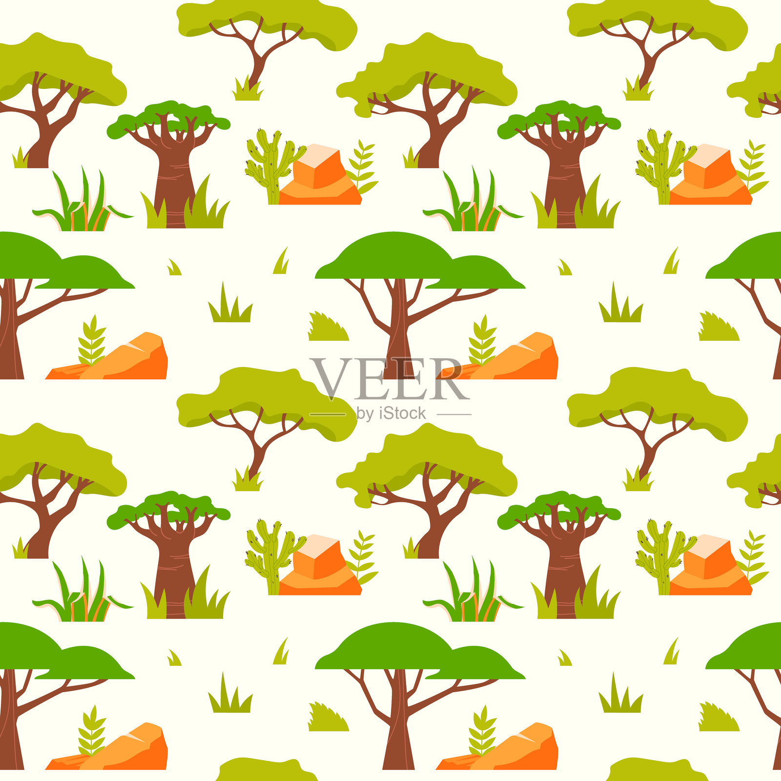 浅色背景上的非洲风景无缝图案插画图片素材