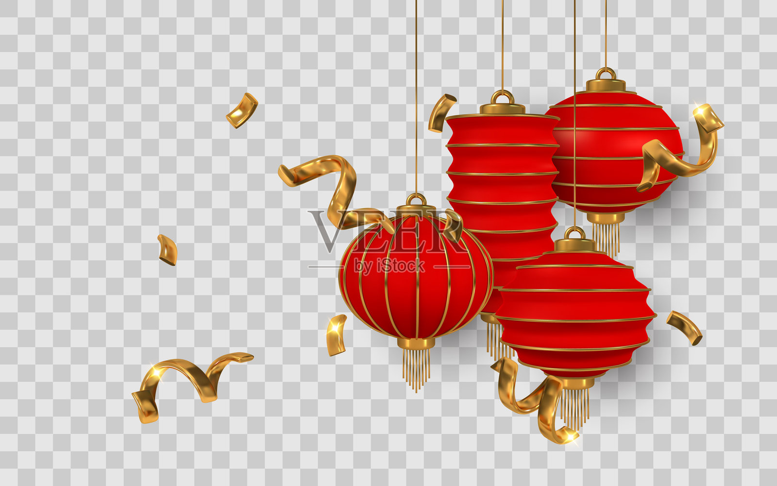 红色中国灯笼与金色彩纸屑在透明背景上，完美适合农历新年、节日庆祝和东方装饰。矢量插图插画图片素材