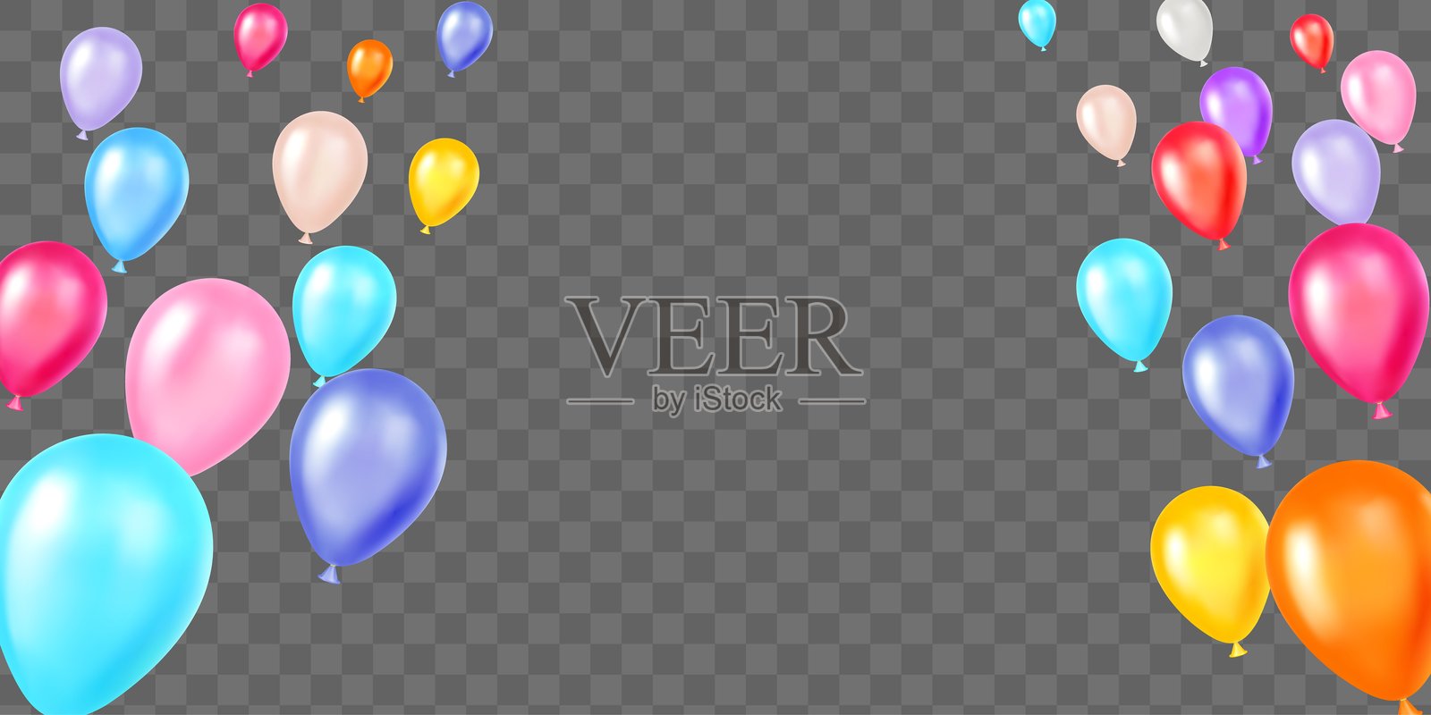 不同颜色的逼真充气气球向上飞，设置在透明背景上。充气球框架。节日庆祝。生日3D装饰。矢量节日背景。插画图片素材