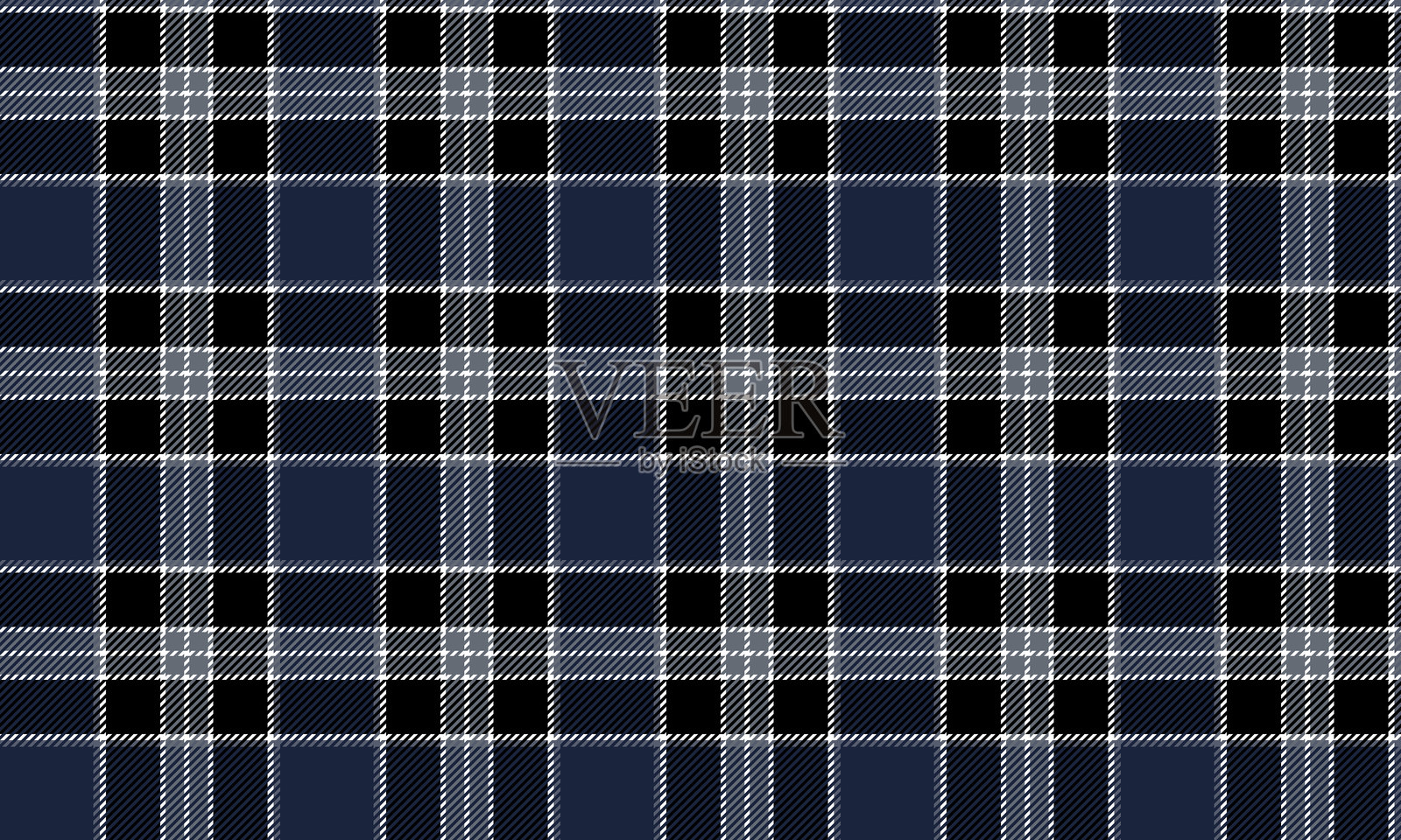 无缝格子图案，蓝色、黑色和白色，传达出奢华与现代感，适合设计服装、裙子和裤子，为造型增添完美的风格，使其更加突出。插画图片素材