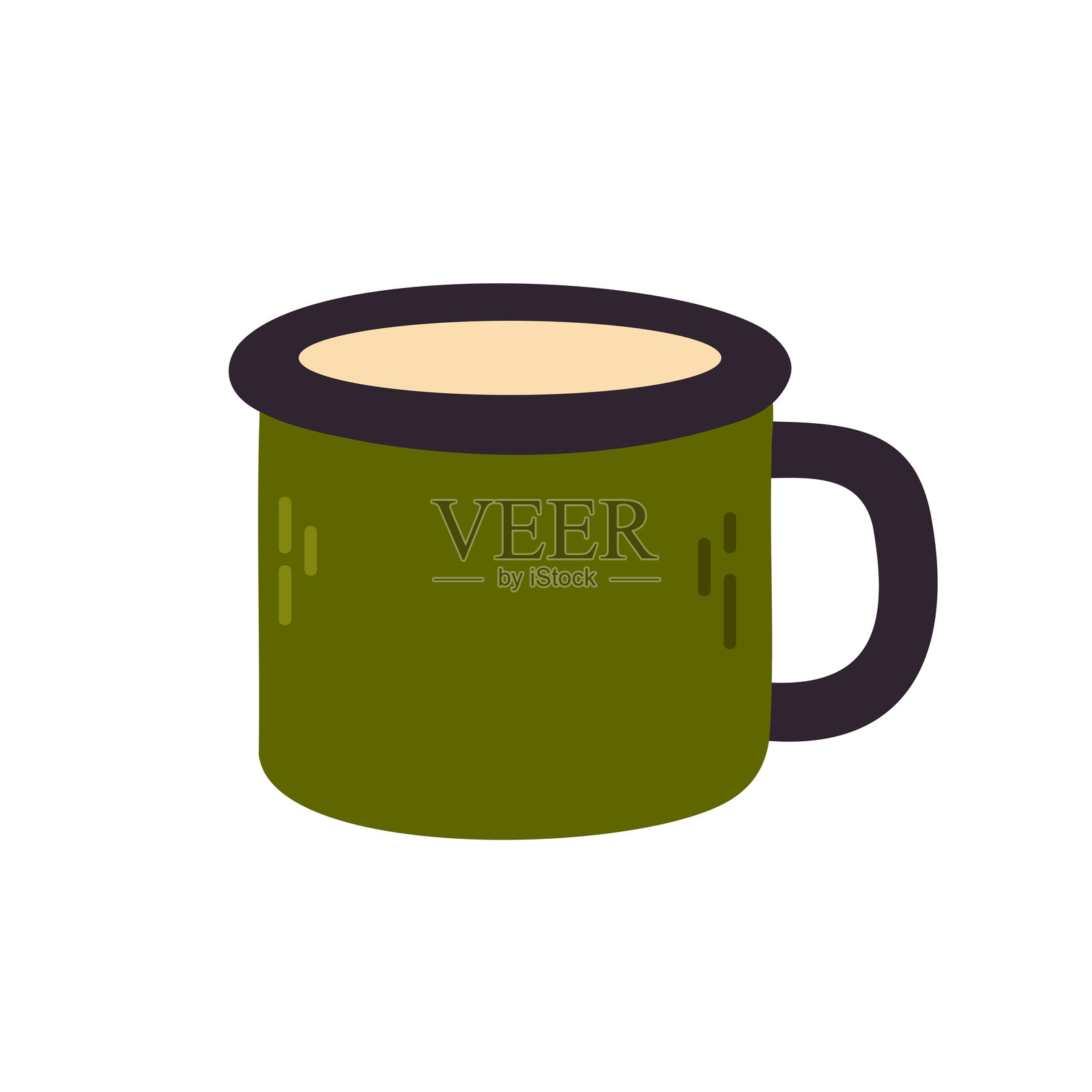 绿色金属杯装满热饮，适用于露营、徒步旅行或户外放松场景插画图片素材