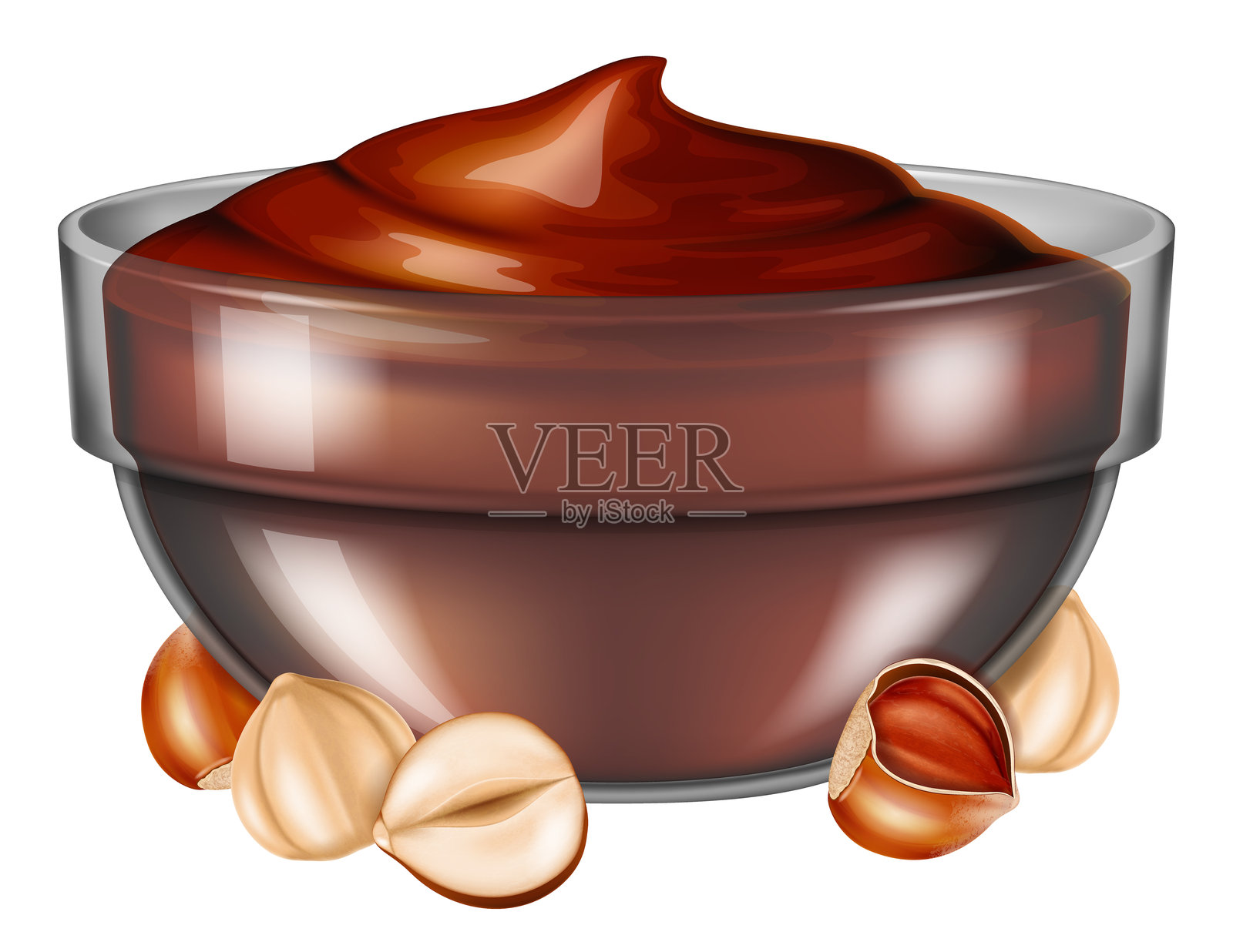 玻璃碗中的榛子巧克力酱与坚果。插画图片素材
