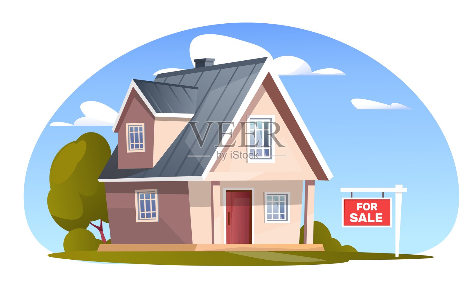 小乡村房屋和出售信息标牌。郊区住宅。自然中的小屋。住宅物业。房地产。带招牌的建筑。住房抵押贷款。矢量概念插画图片素材