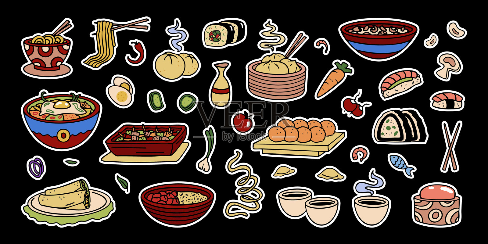 亚洲美食彩色贴纸，图形艺术菜肴和汤碗，寿司、烤包子和饺子。贴纸，设计装饰，中餐和日餐菜单的艺术。矢量插图。插画图片素材