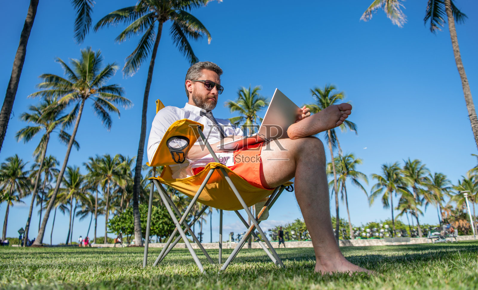 在海滩上工作的男性自由职业者。夏季的商人。在线自由职业工作。使用笔记本电脑的商人。在棕榈树下使用笔记本电脑的商人。商务旅行。国际商务旅行。照片摄影图片