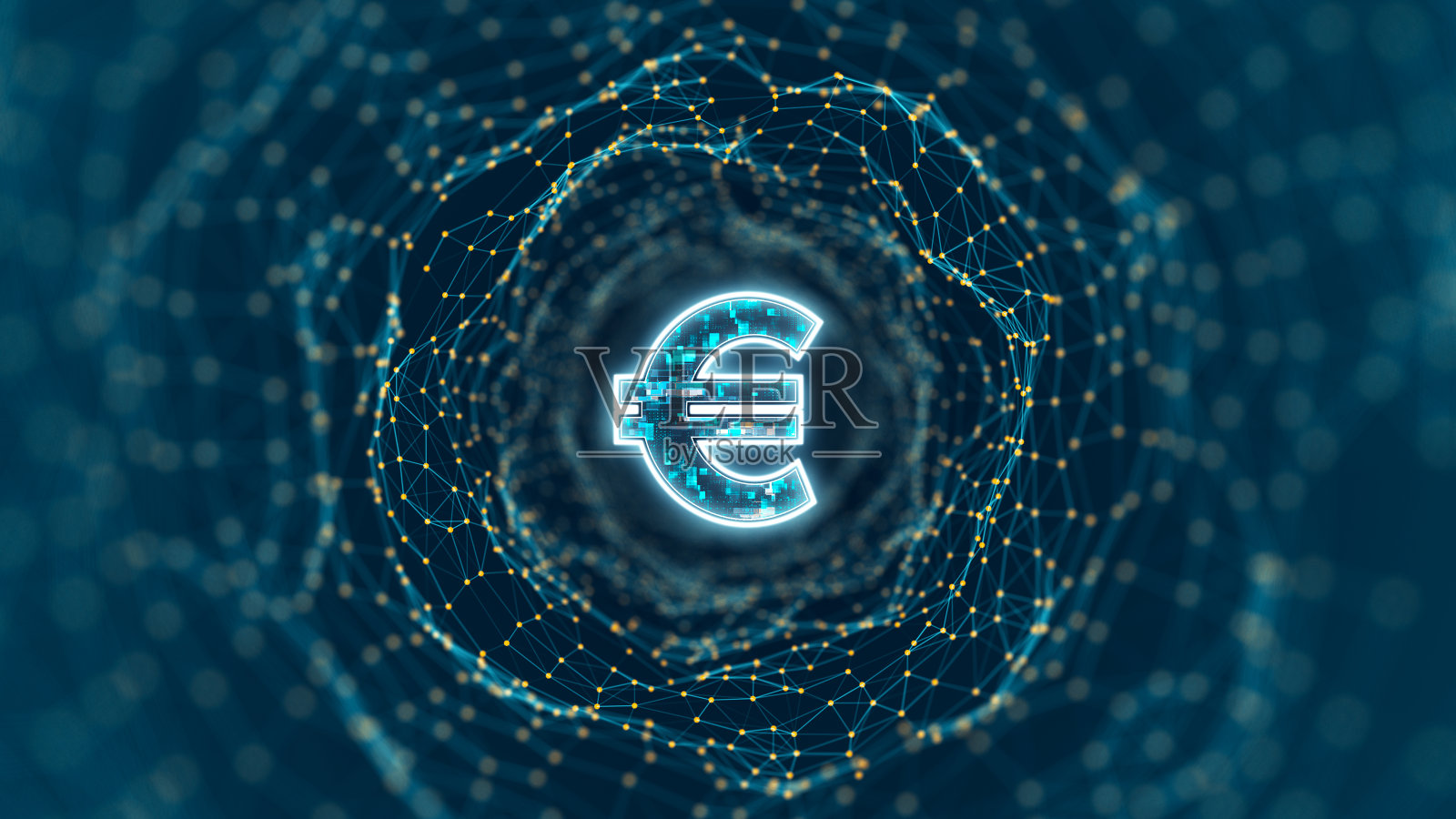 蓝色数字货币标志与隧道线连接，体现加密货币金融和数字货币技术概念的抽象背景照片摄影图片