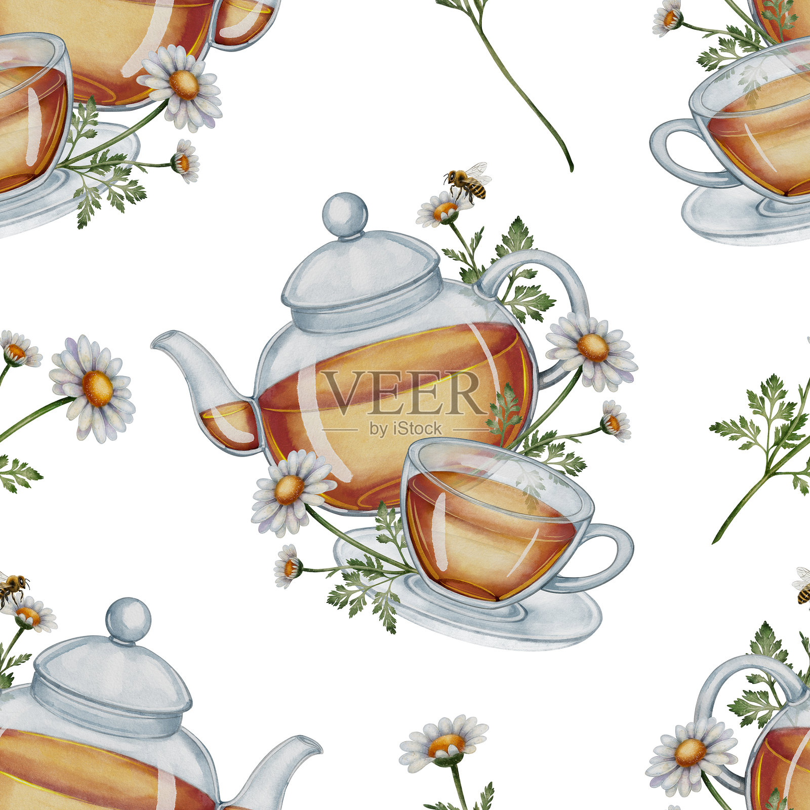 无缝图案，包含洋甘菊茶和茶壶插画图片素材