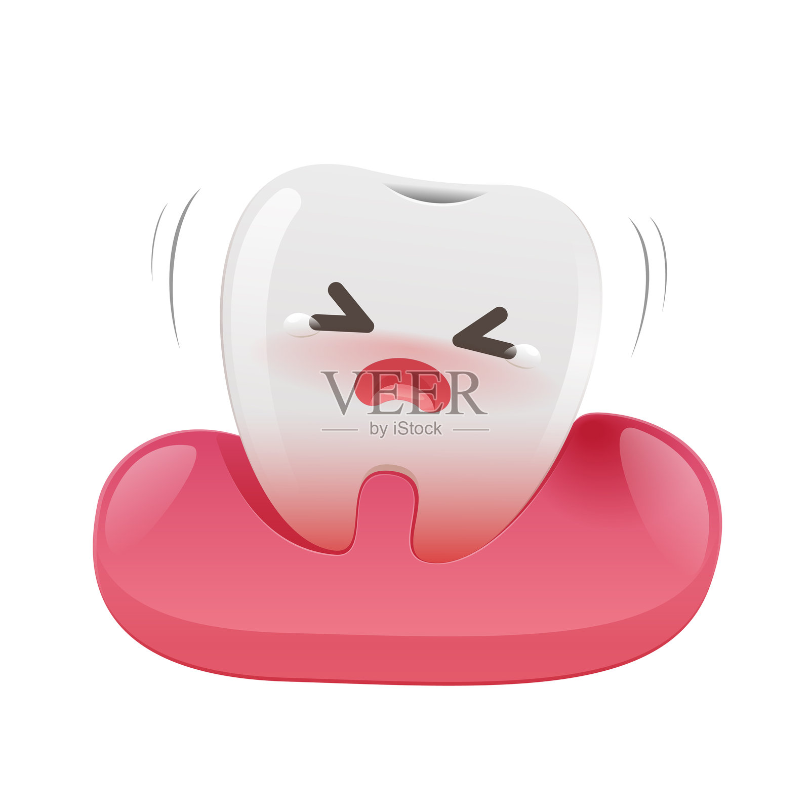 一颗在牙龈中摇摇欲坠且虚弱的卡通牙齿。插画图片素材