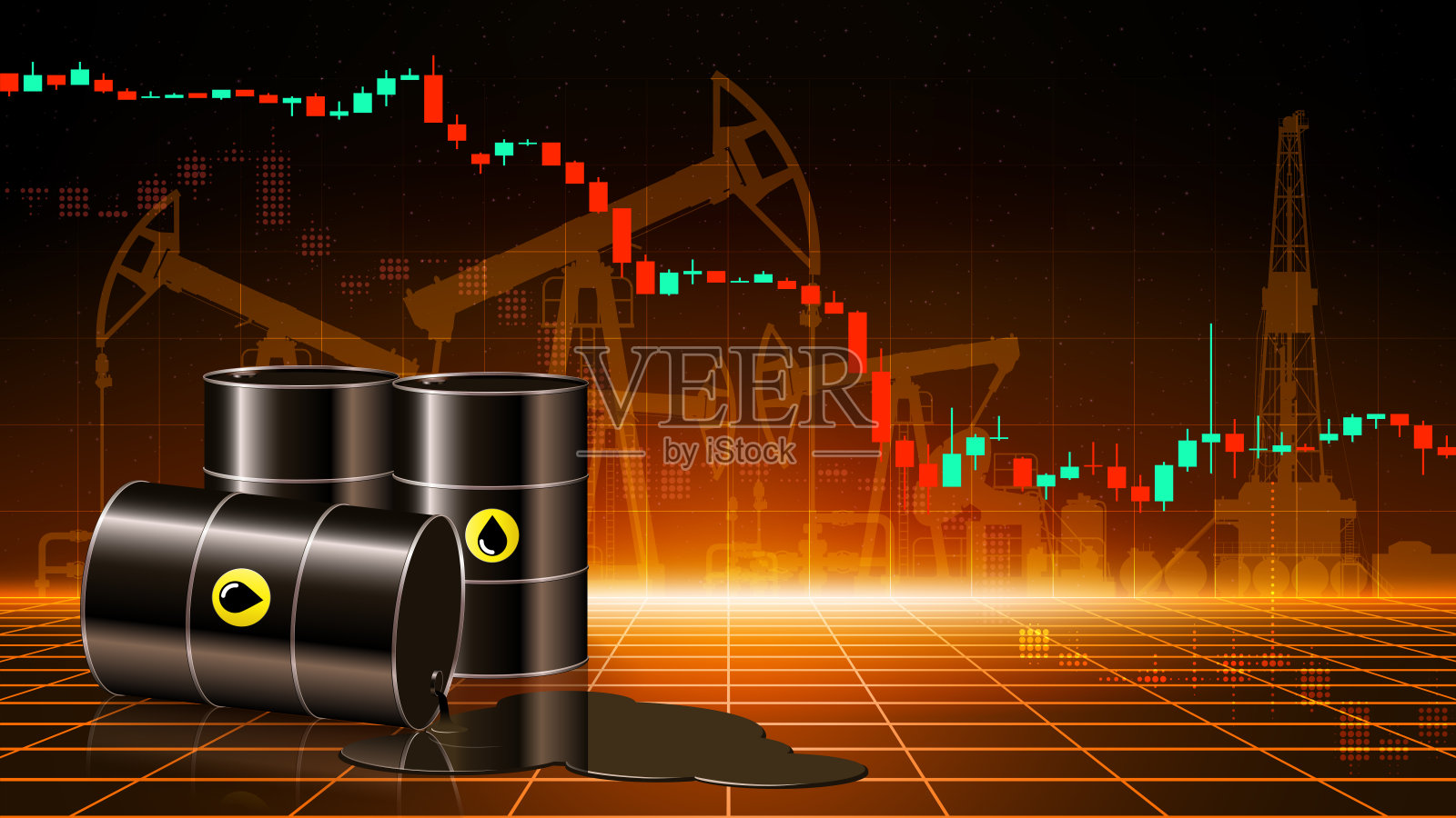 油价每桶下跌的图表。黑暗抽象沙漠背景下的原油桶。溢出的原油水洼。价格下跌、危机的概念。市场分析。矢量插图插画图片素材
