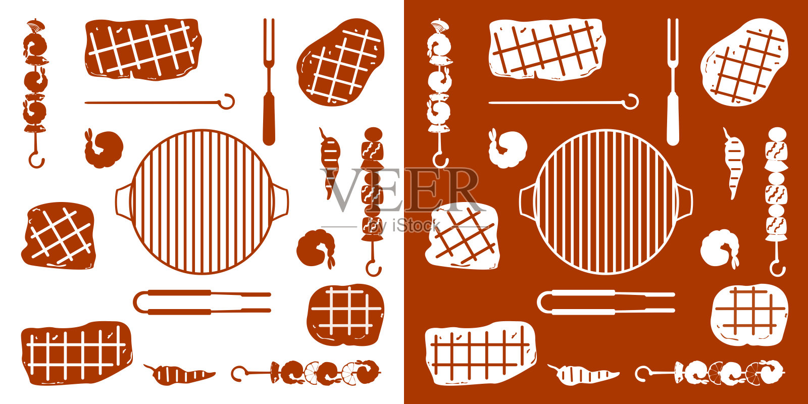 平面矢量烧烤图案。烤肉、香肠、夹子、叉子和烤架在白色和红色背景上。简单、无缝的双色设计。适合印刷和食品主题背景。插画图片素材