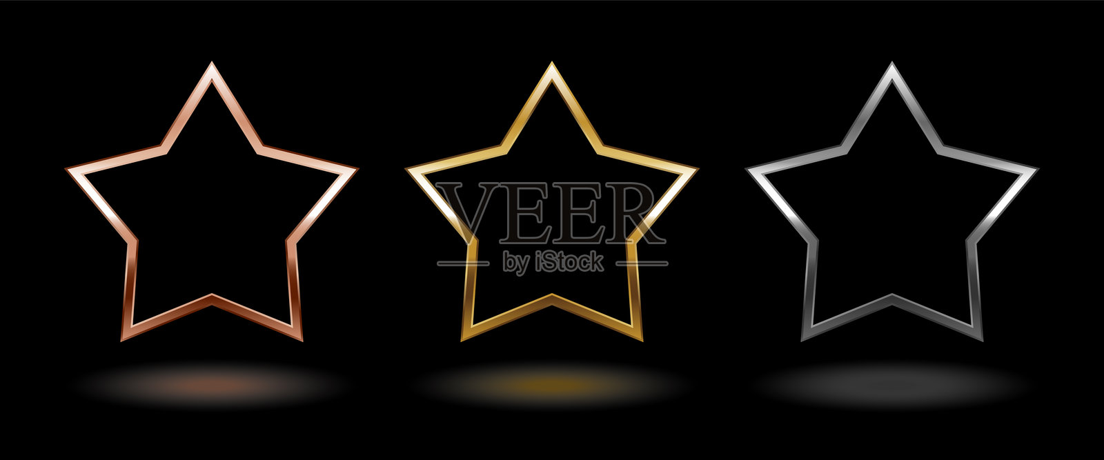 闪亮的金属星形框架。孤立的奢华粉金、金色和银色五角星边框，背景为黑色。光滑的几何框架模型设计元素集。插画图片素材