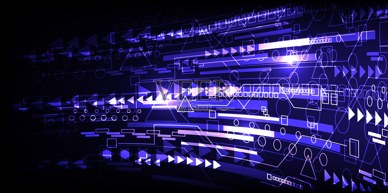 一台电脑屏幕，背景为蓝色，紫色线条交错。线条形状和大小各异，指向不同方向。混乱与困惑的概念。插画图片素材