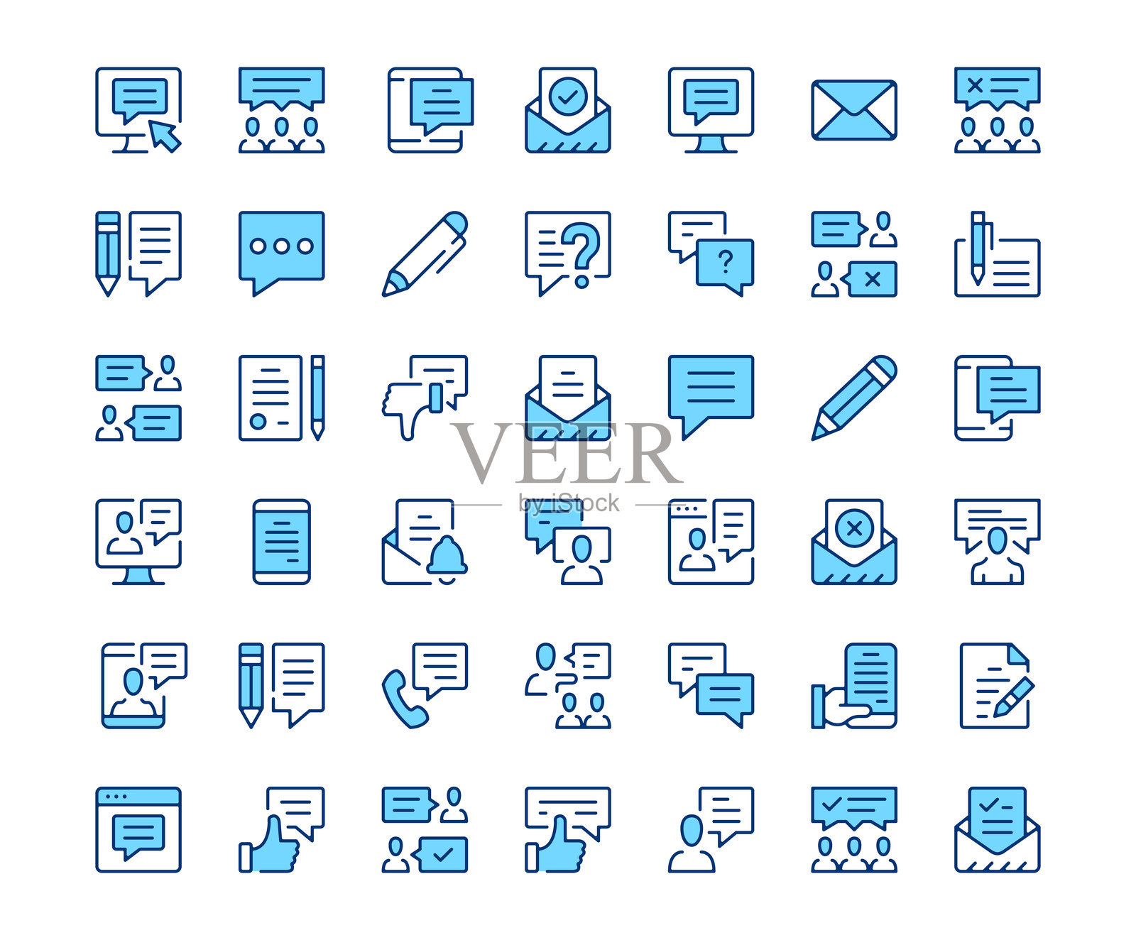 消息图标。矢量线条图标集。现代轮廓设计。蓝色概念插画图片素材