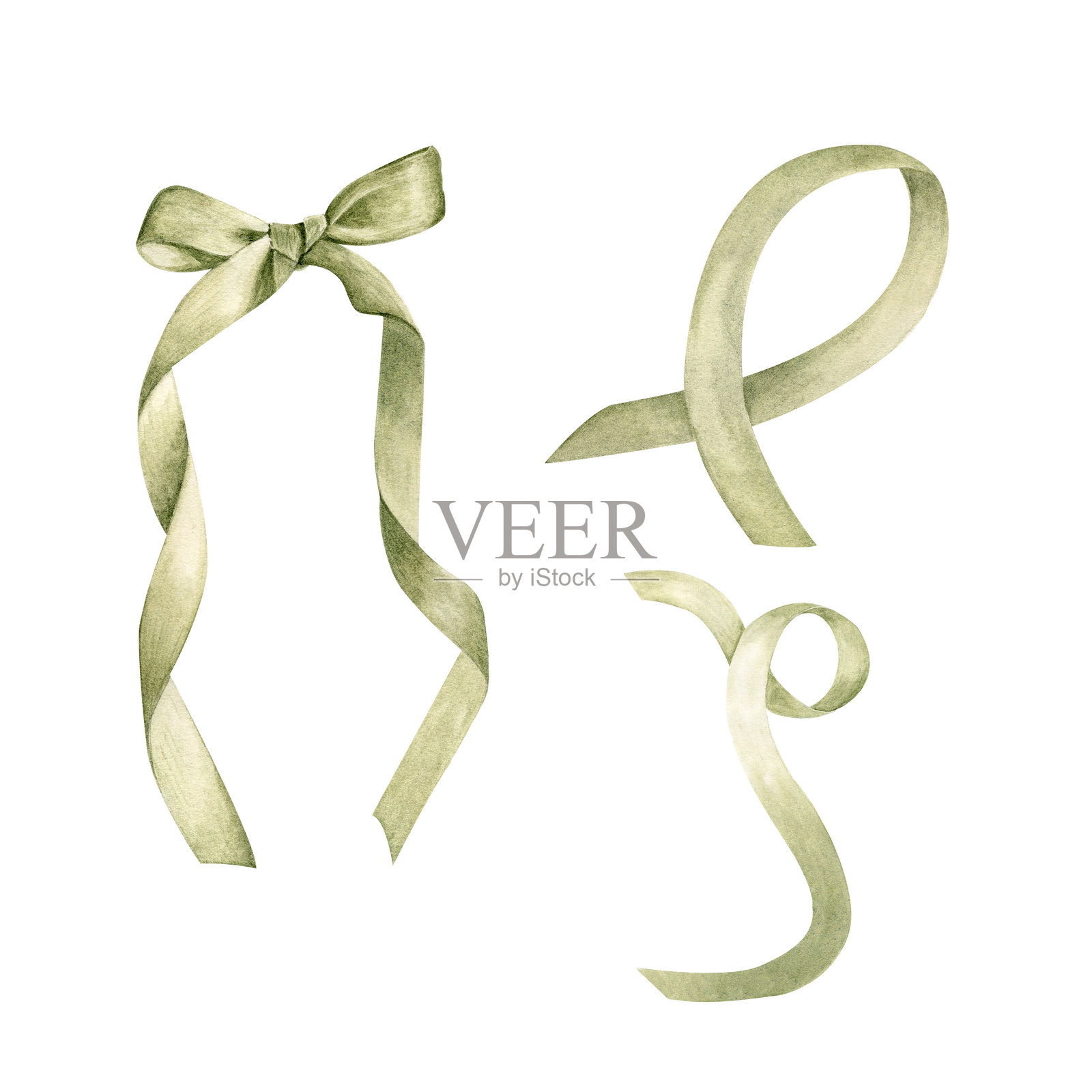 一组绿色丝带的蝴蝶结、环和卷曲。手绘水彩插图，背景为白色。插画图片素材