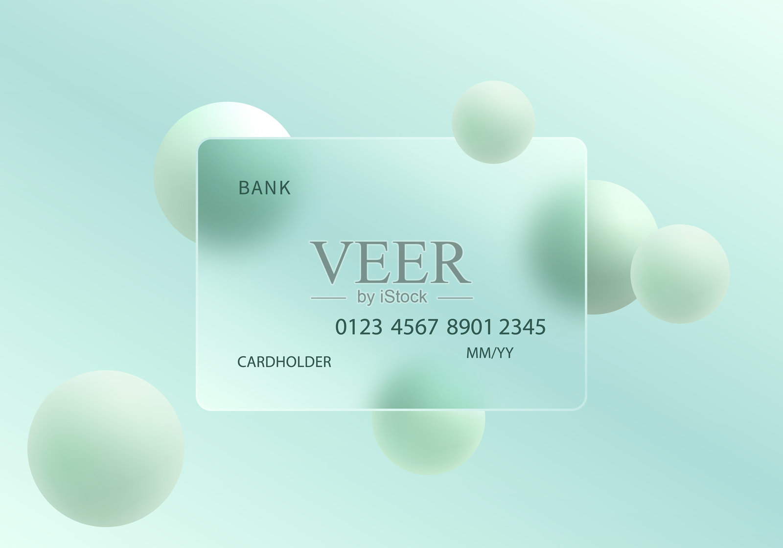 薄荷绿色玻璃信用卡与粉彩绿色的3D球体插画图片素材