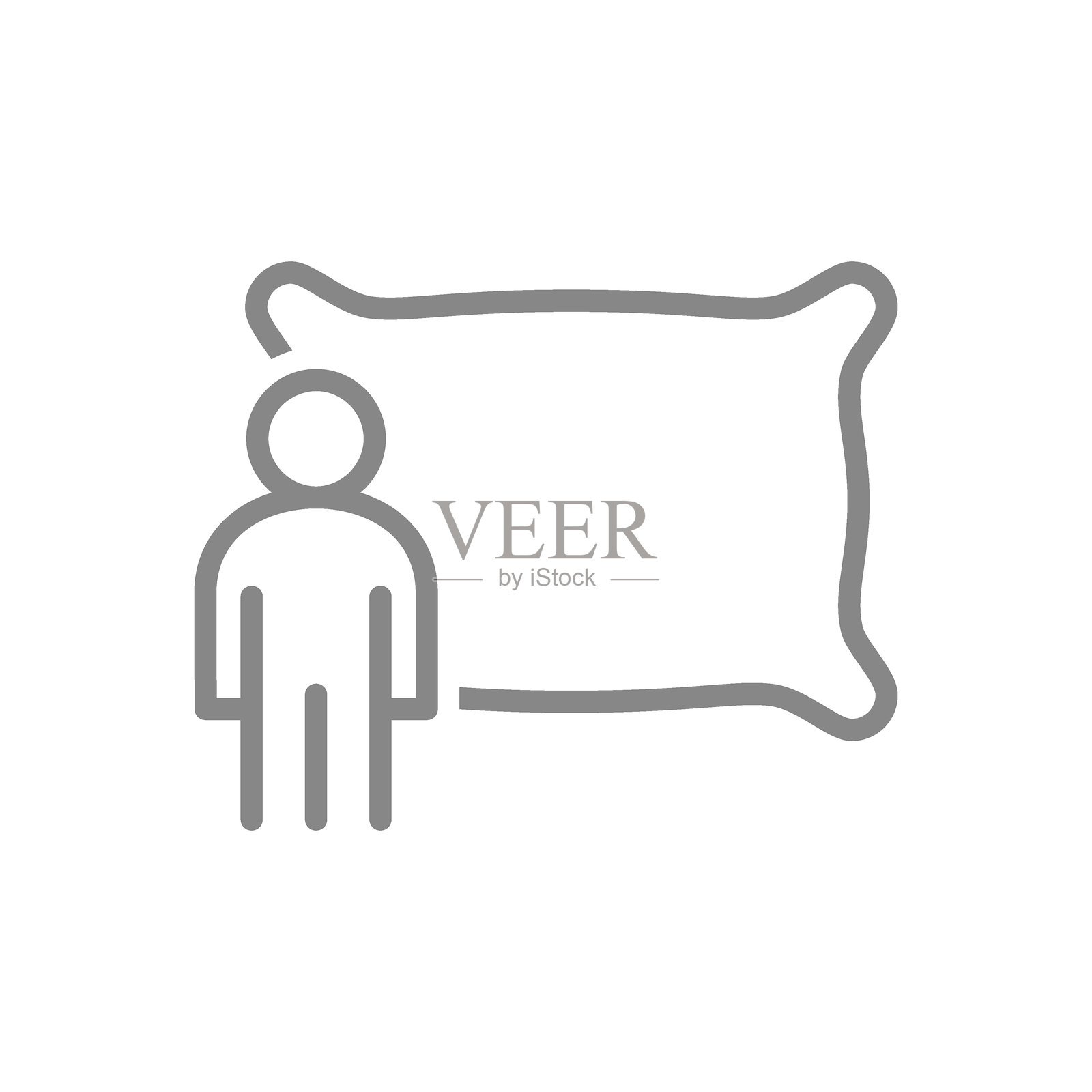 一个站在枕头前的男人线条图标。舒适蓬松的枕头符号。矢量插图。插画图片素材