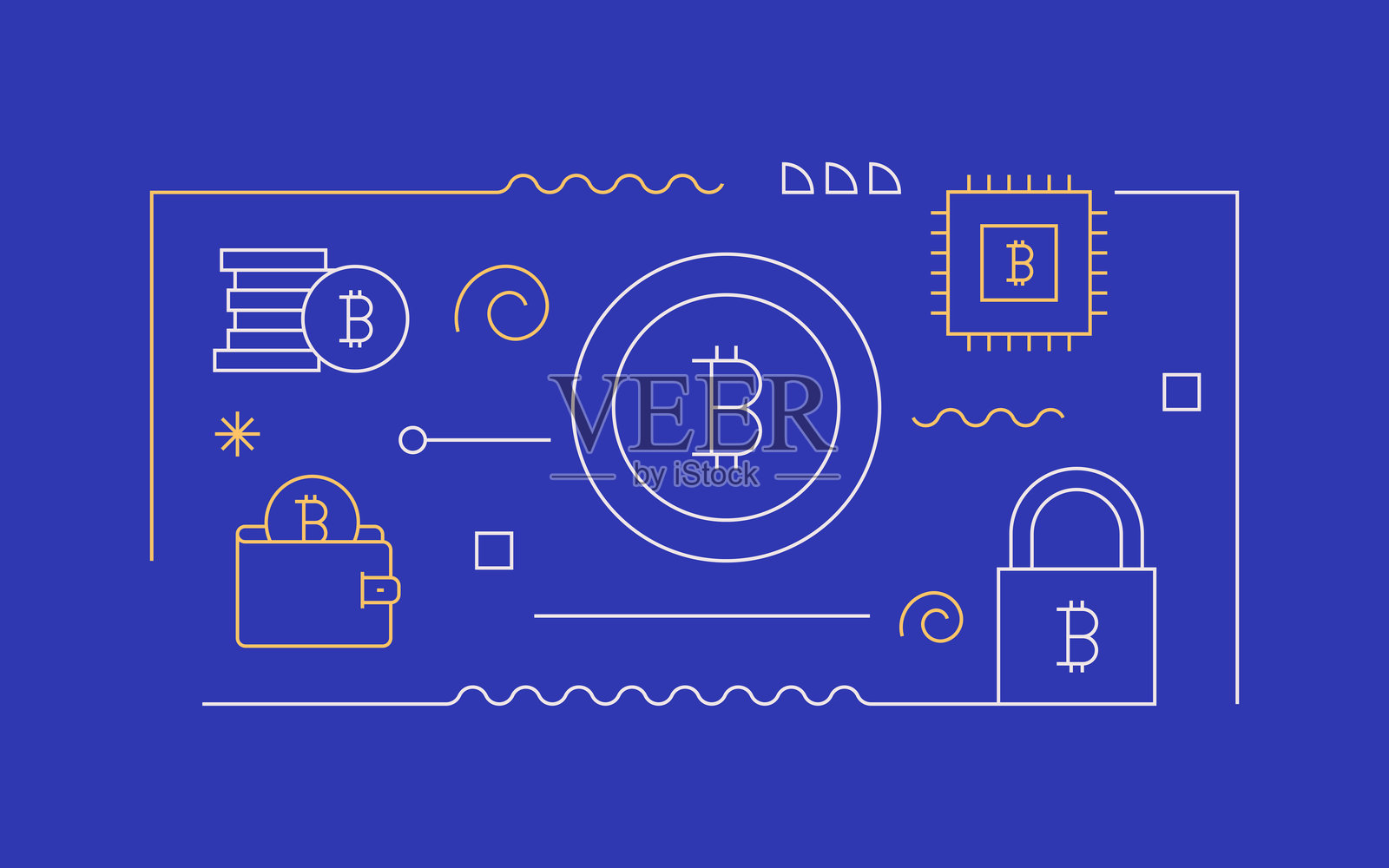 比特币相关的矢量插图。区块链、金融、未来主义、互联网、交易、加密货币。插画图片素材