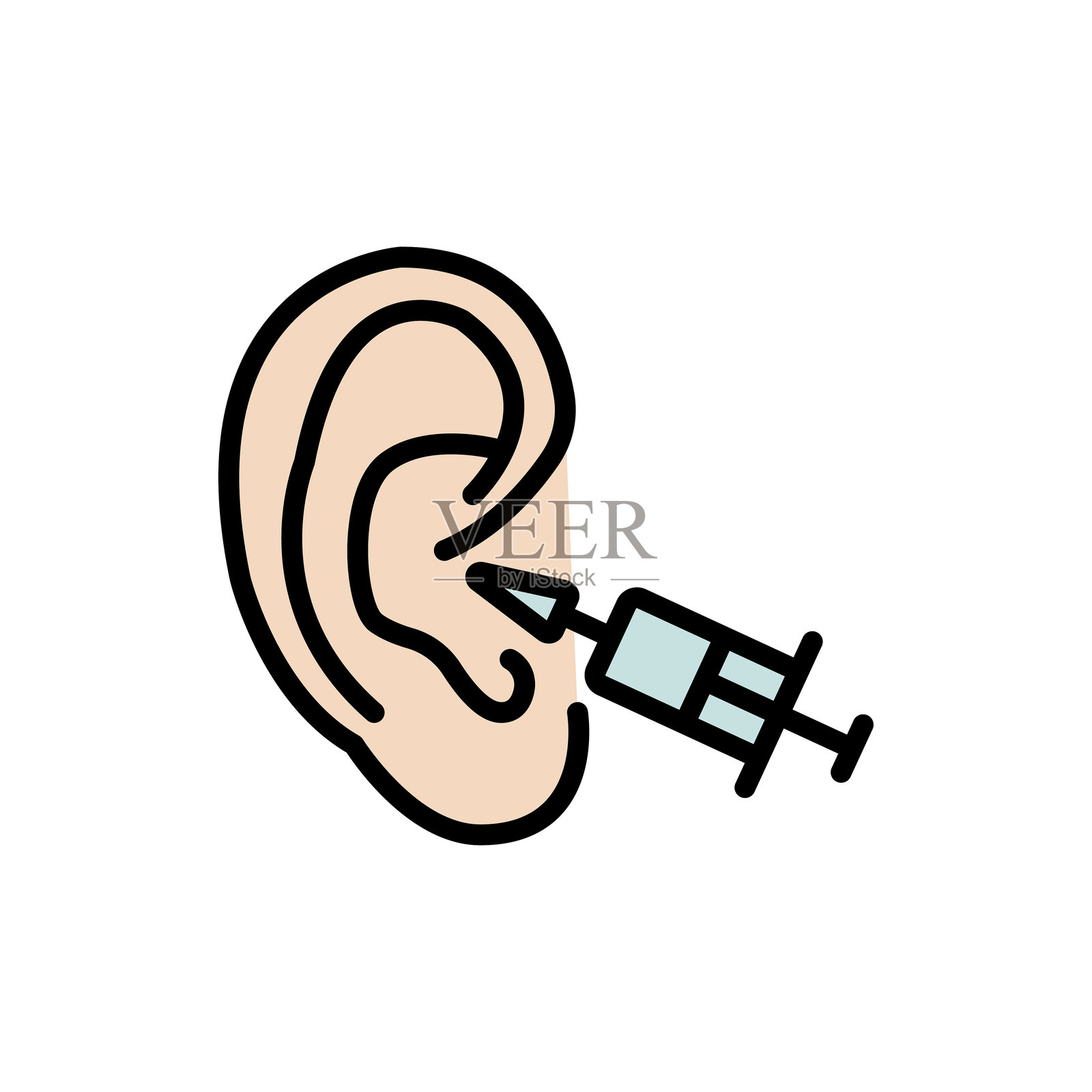 耳朵清洁冲洗器。清除耳垢的彩色图标。耳道内耳垢堆积。医学矢量图，背景为白色。插画图片素材