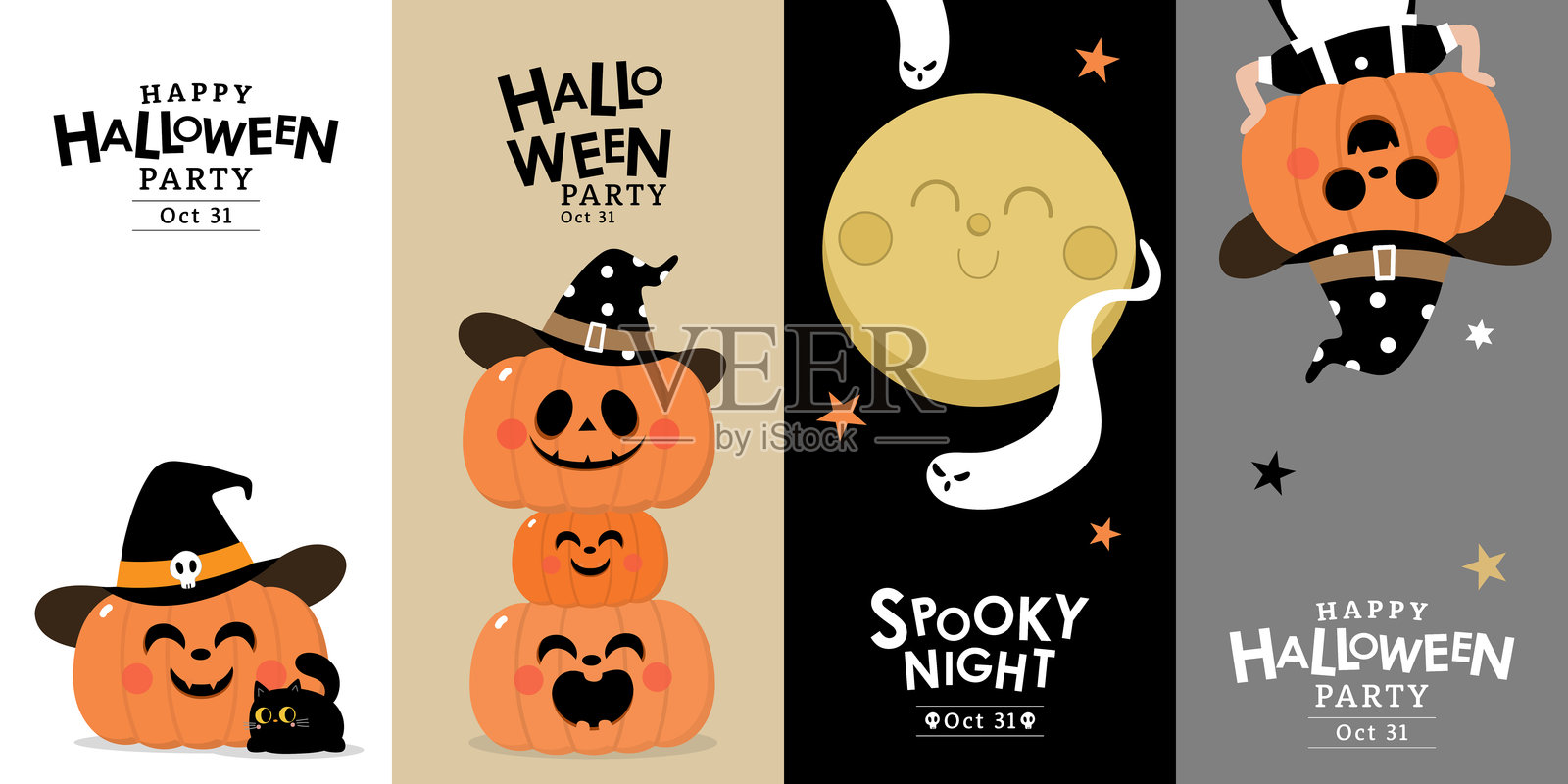 万圣节派对邀请卡，带有戴着巫师帽的 spooky 南瓜和可爱的鬼魂。节日卡通角色。-矢量插画图片素材