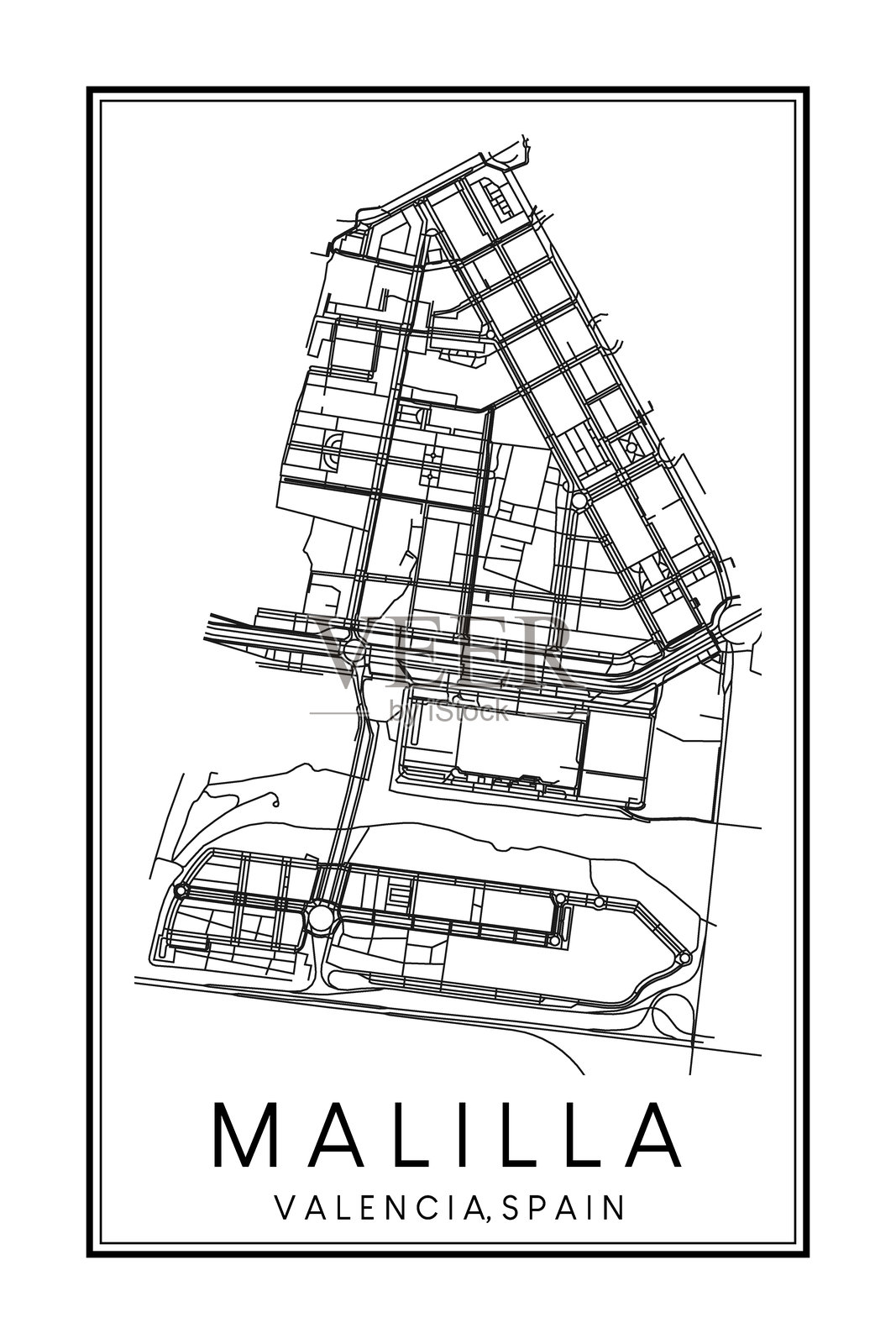 手绘可打印海报，西班牙城市瓦伦西亚的马利拉区地图插画图片素材