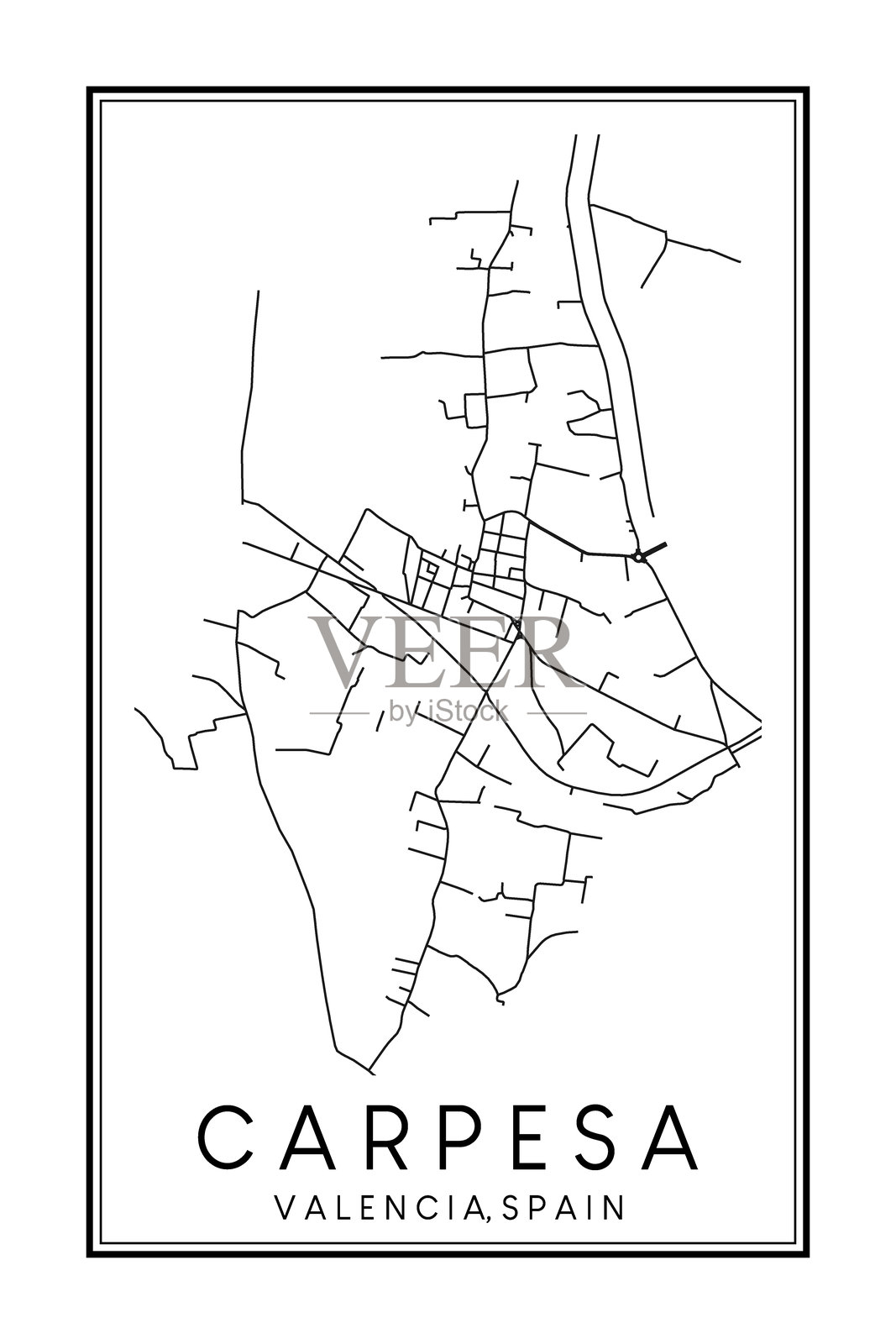 手绘可打印海报，西班牙城市瓦伦西亚的CARPESA区地图插画图片素材