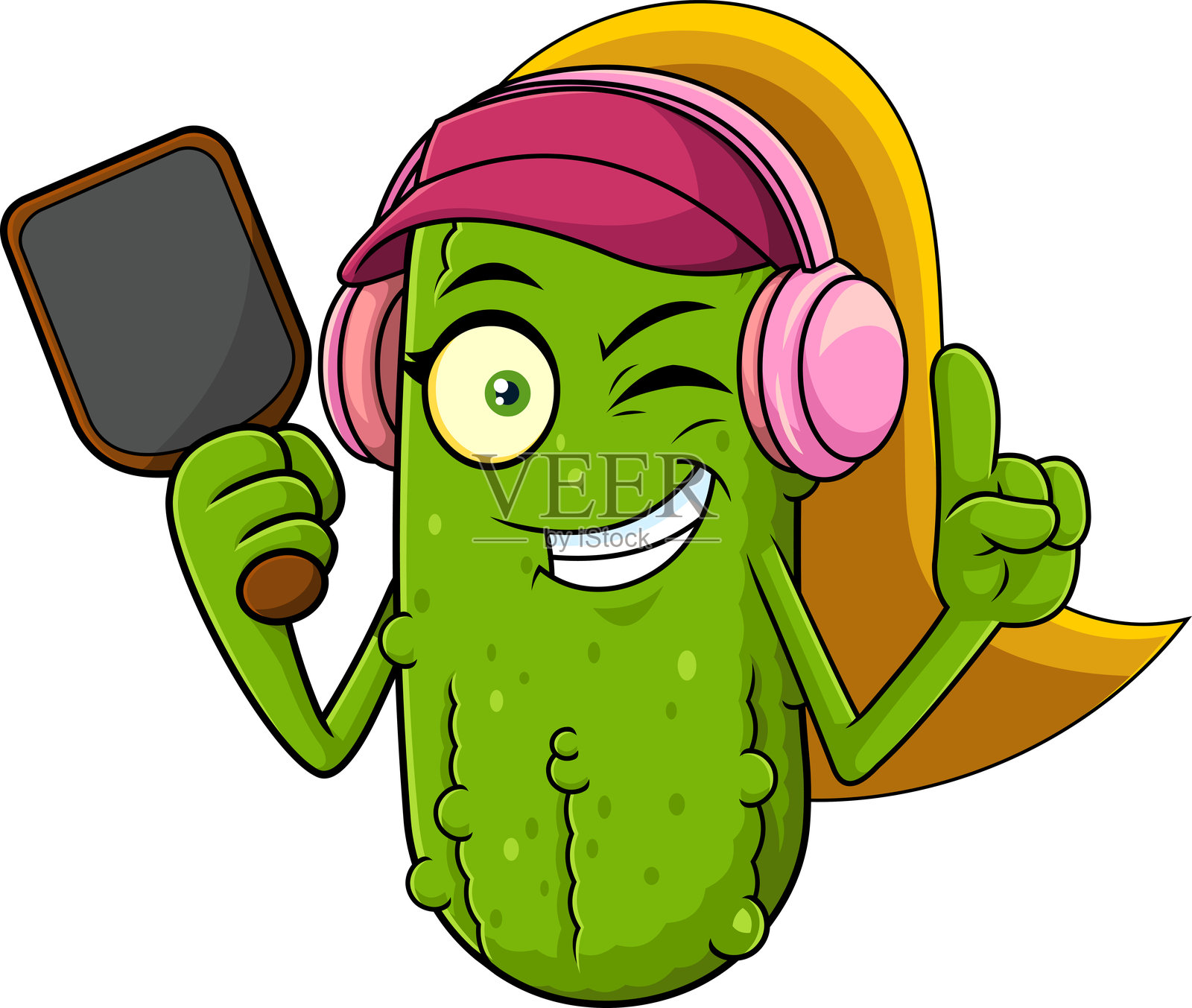 戴着耳机、手持球拍并眨眼的卡通乒乓球女孩角色插画图片素材