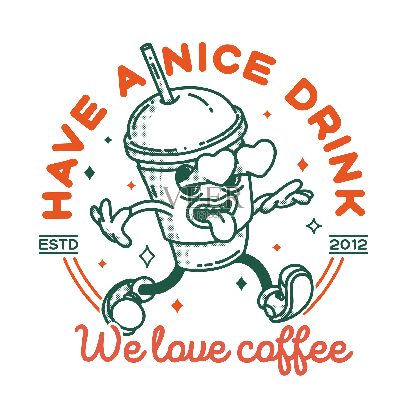 咖啡外带店促销横幅传单招牌logo模板。复古咖啡外带吉祥物插画图片素材