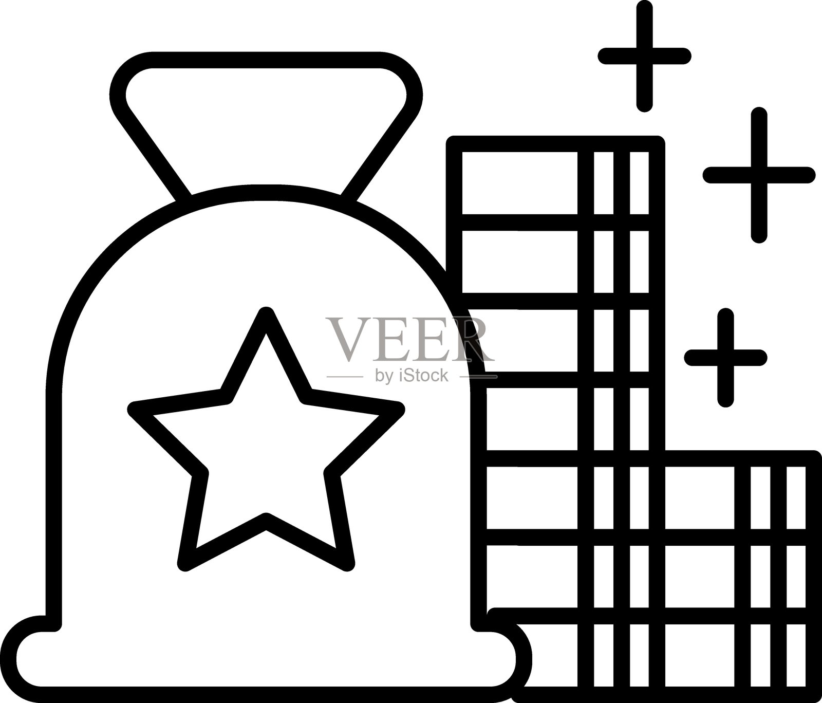 象征财富和金融的金币堆叠的钱袋图标，采用细线风格。插画图片素材