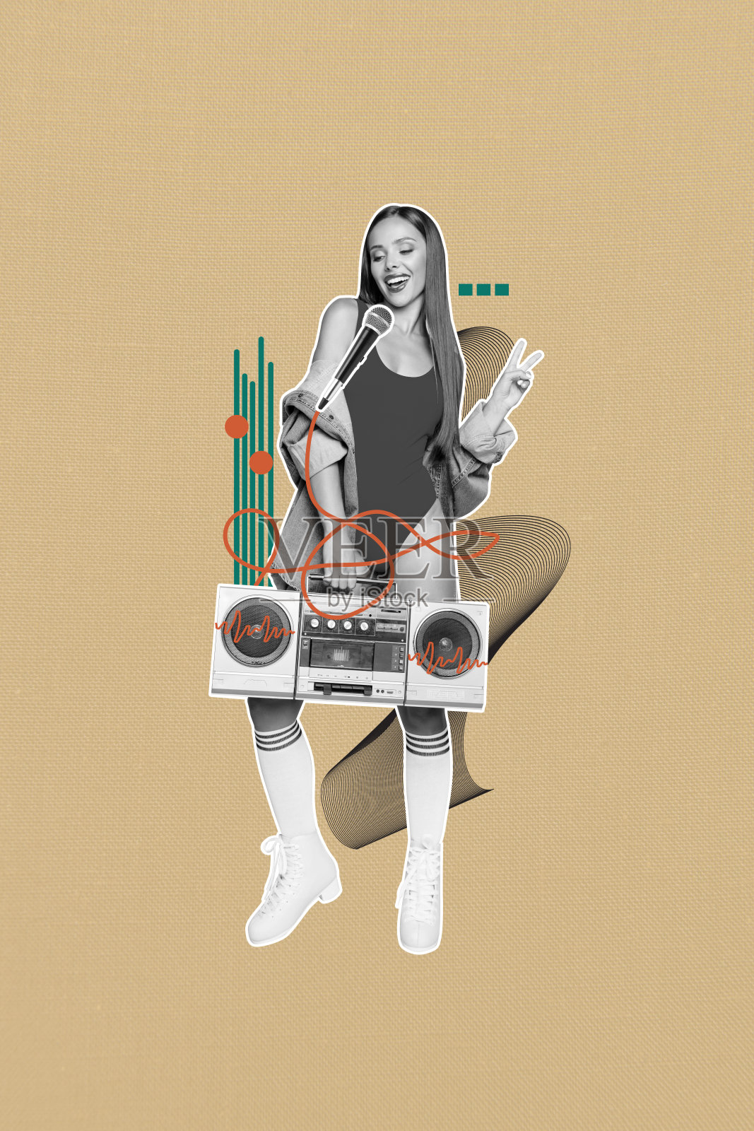 创意抽象模板拼贴，漂亮女性聆听音乐，音响，V字手势，奇异不寻常的幻想广告牌照片摄影图片