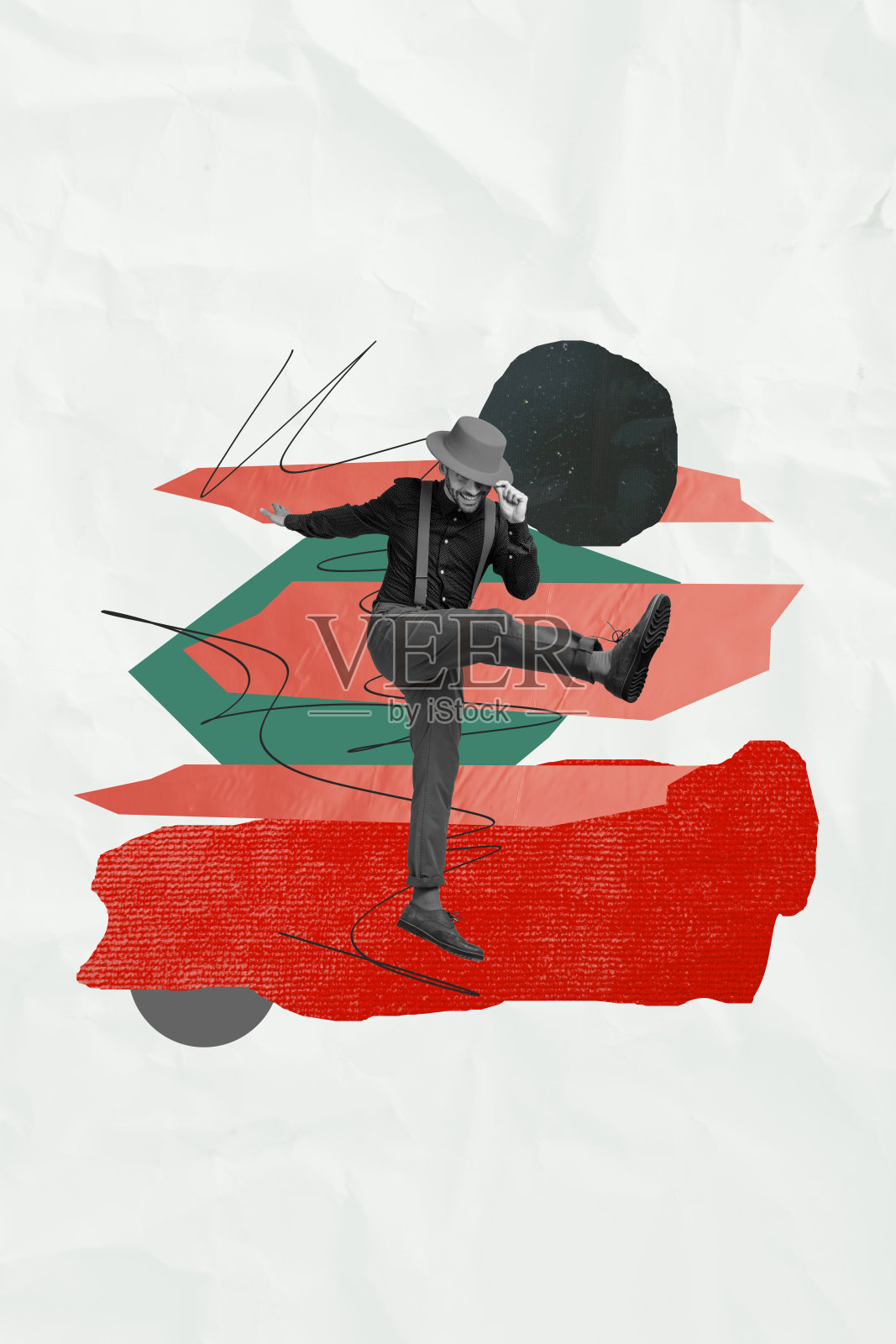 疯狂快乐的好人独自在彩绘背景上跳舞庆祝活动的拼贴海报照片摄影图片