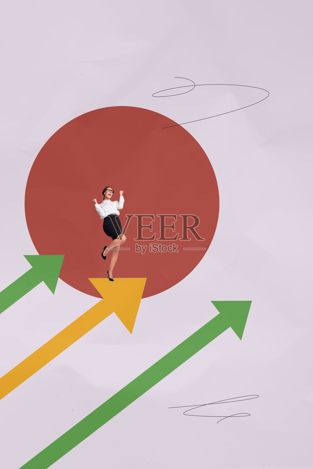 兴奋快乐女孩的垂直照片拼贴，展示职业晋升和成长的概念，背景为涂鸦风格。照片摄影图片