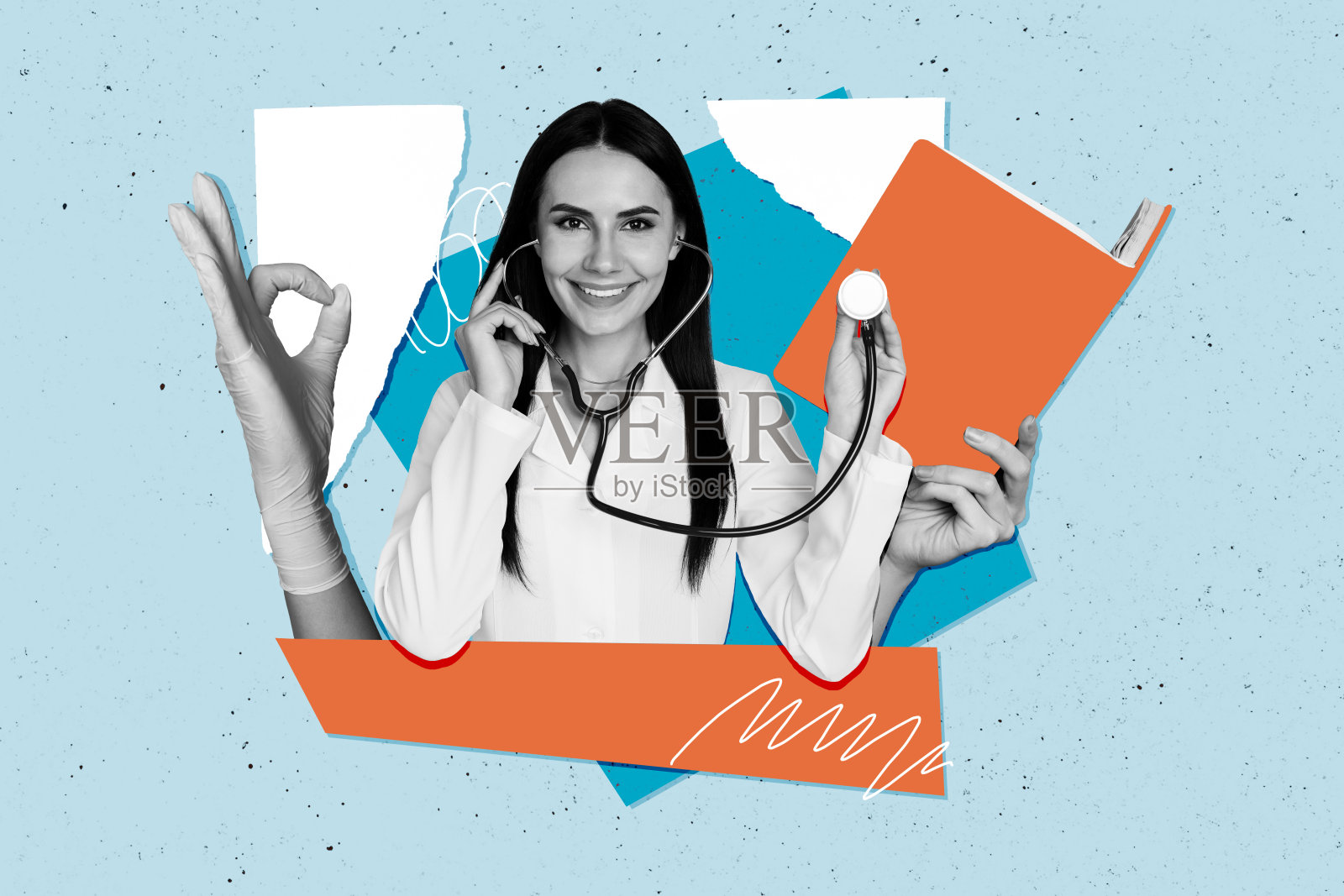 快乐的女医生在涂鸦背景下，佩戴手套，使用听诊器进行咨询，做出“好的”手势的拼贴照片。照片摄影图片