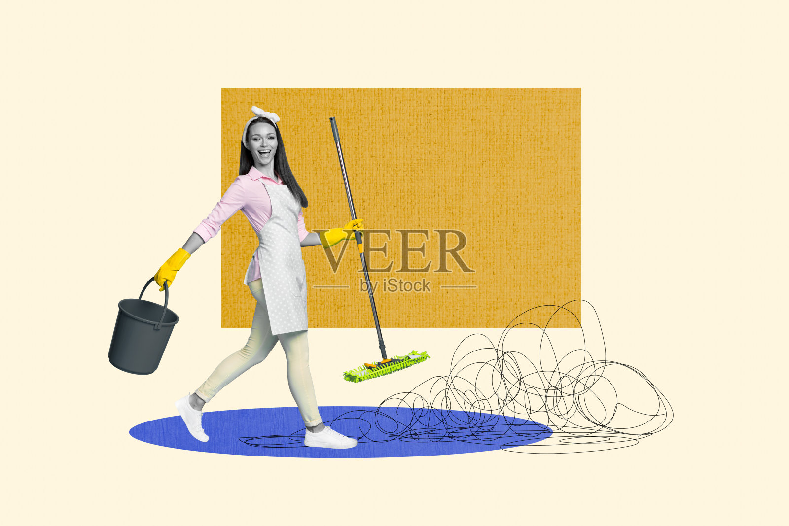 快乐女孩女佣提着桶和拖把，进行家庭清洁工作，背景为涂鸦风格的画面。照片摄影图片
