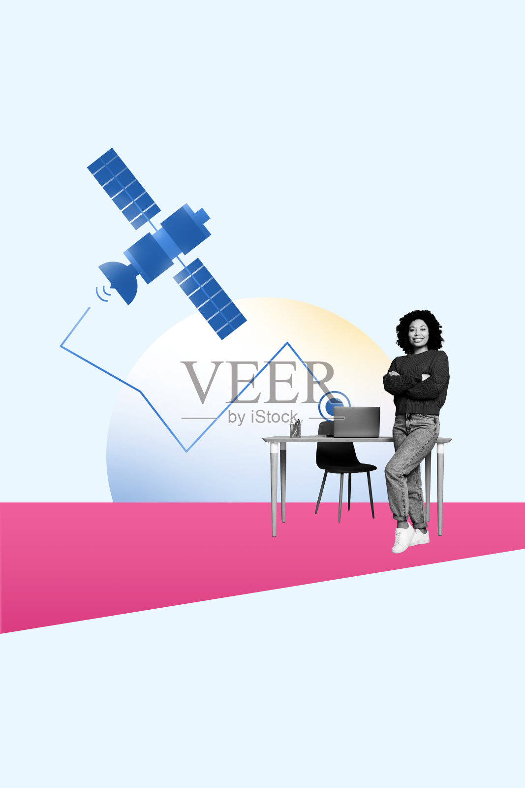 坐着的女孩在垂直图像拼贴中，使用卫星无线连接，身处太空船的工作场所，享受现代科技的互联网在线网络。照片摄影图片