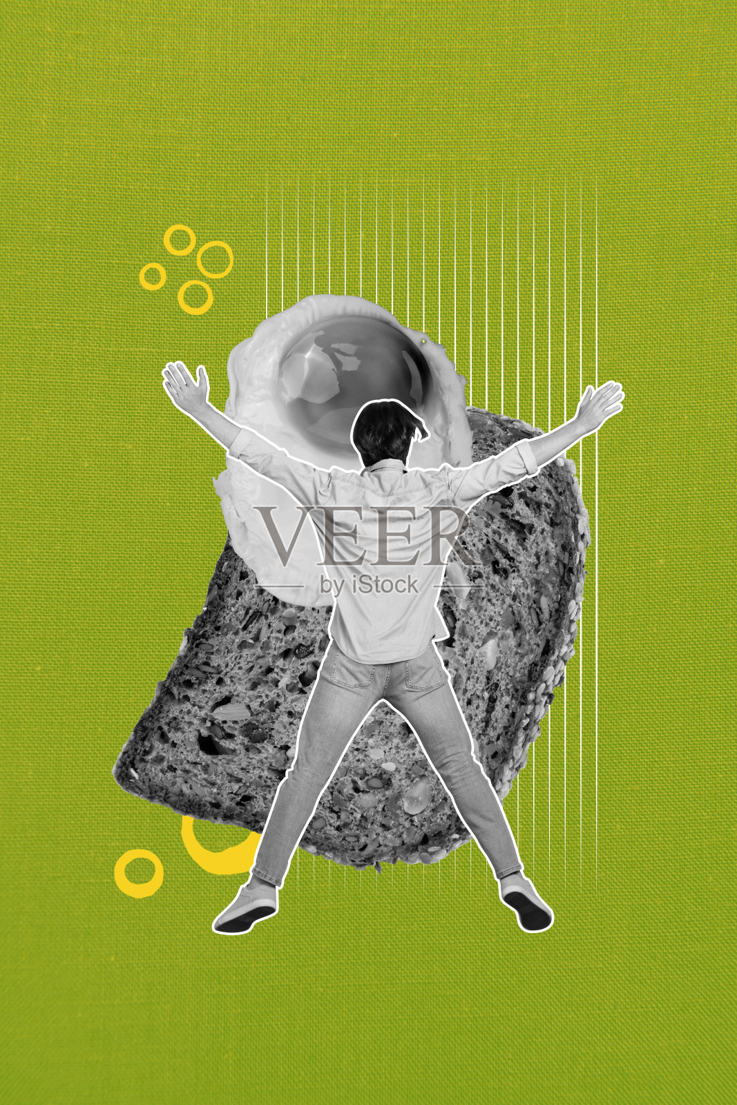 绿色背景剪影艺术拼贴画，年轻男子背对着观众，双手张开，面前是巨大的食物：面包、鸡蛋、煎吐司。照片摄影图片