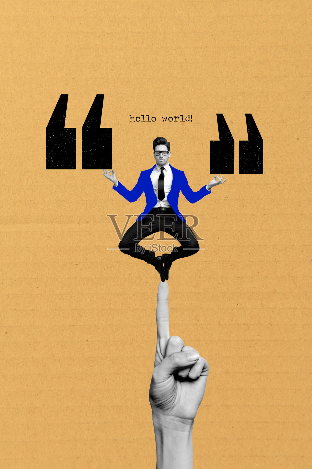 垂直海报拼贴，年轻帅气的企业家悬浮在空中，手指坐着冥想，作者引用“你好，世界”。照片摄影图片