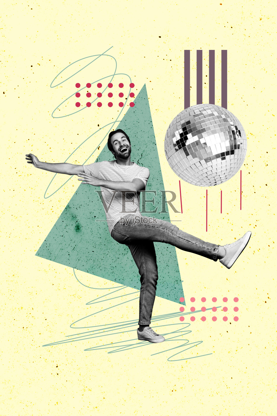 年轻男子无忧无虑地跳舞，放松庆祝假日，周五听着音乐，复古风格的迪斯科球拼贴艺术作品。照片摄影图片